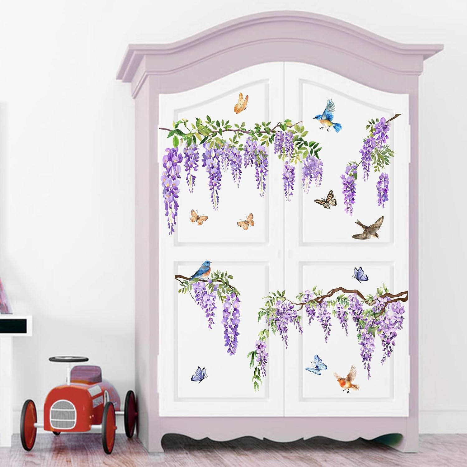 Mfault Purple Flower Bird Wall Decals Stickers, Spring Summer Wisteria Violet Floral Vine Plant Botanical Decorations Bedroom Art, Bluebird Robin Chickadee Butterfly Home Living Room Kitchen Decor