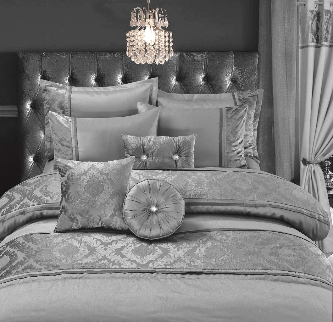 Luxurious Embroidered Casablanca Duvet Quilt Cover Bedding Set with Matching Pillowcases, Bed Throw with Pillow shams, Curtains & Filled Cushions Bed Linen Set (Silver, Singe Duvet Cover Set) โ image 1