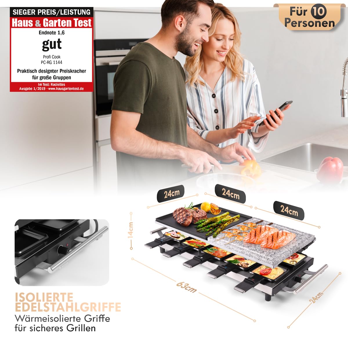 ProfiCook Grill raclette 2in1, raclette 10 persone, raclette con piano in pietra e piano cottura, antiaderente, impugnature isolate termicamente, termostato continuo,1700 Watt, acciaio inox,PC-RG 1144