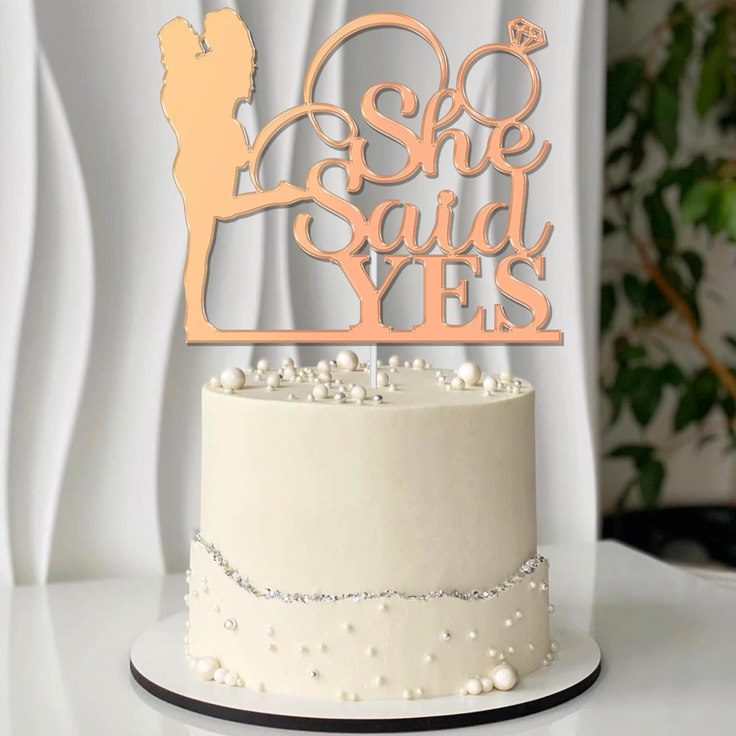 She Said Yes Cake Topper Red | Groom Picks Up Bride | Diamond Ring | Acrylic Mirror Cake Picks for Wedding Engagement Proposal Bachelor Party Decorations Supplies (Rose Gold)