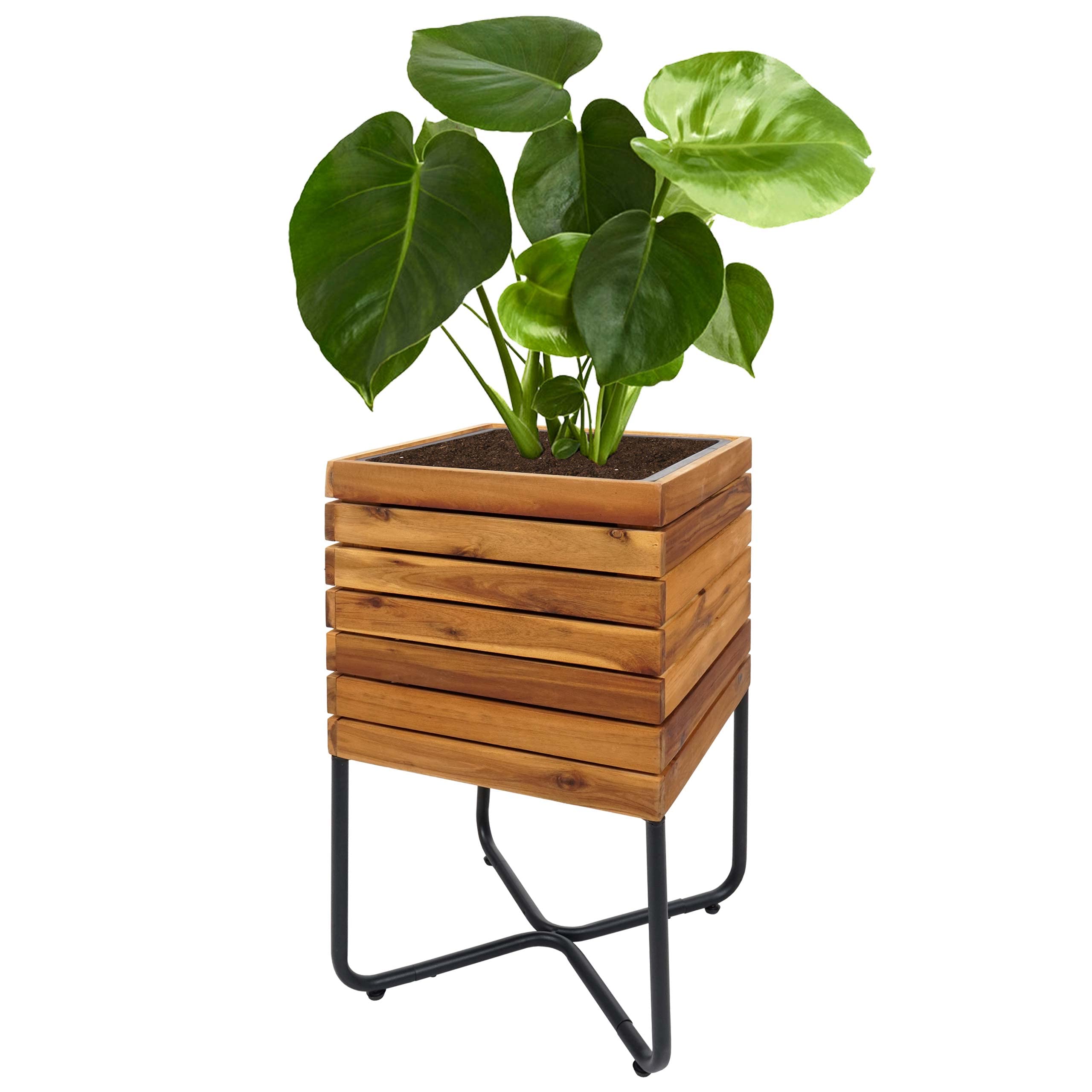 Mendler Jardinera HWC-L25, macetero cuadrado, 60 x 33 x 33 cm, acero al aire libre, madera de acacia, certificado FSC, marrón