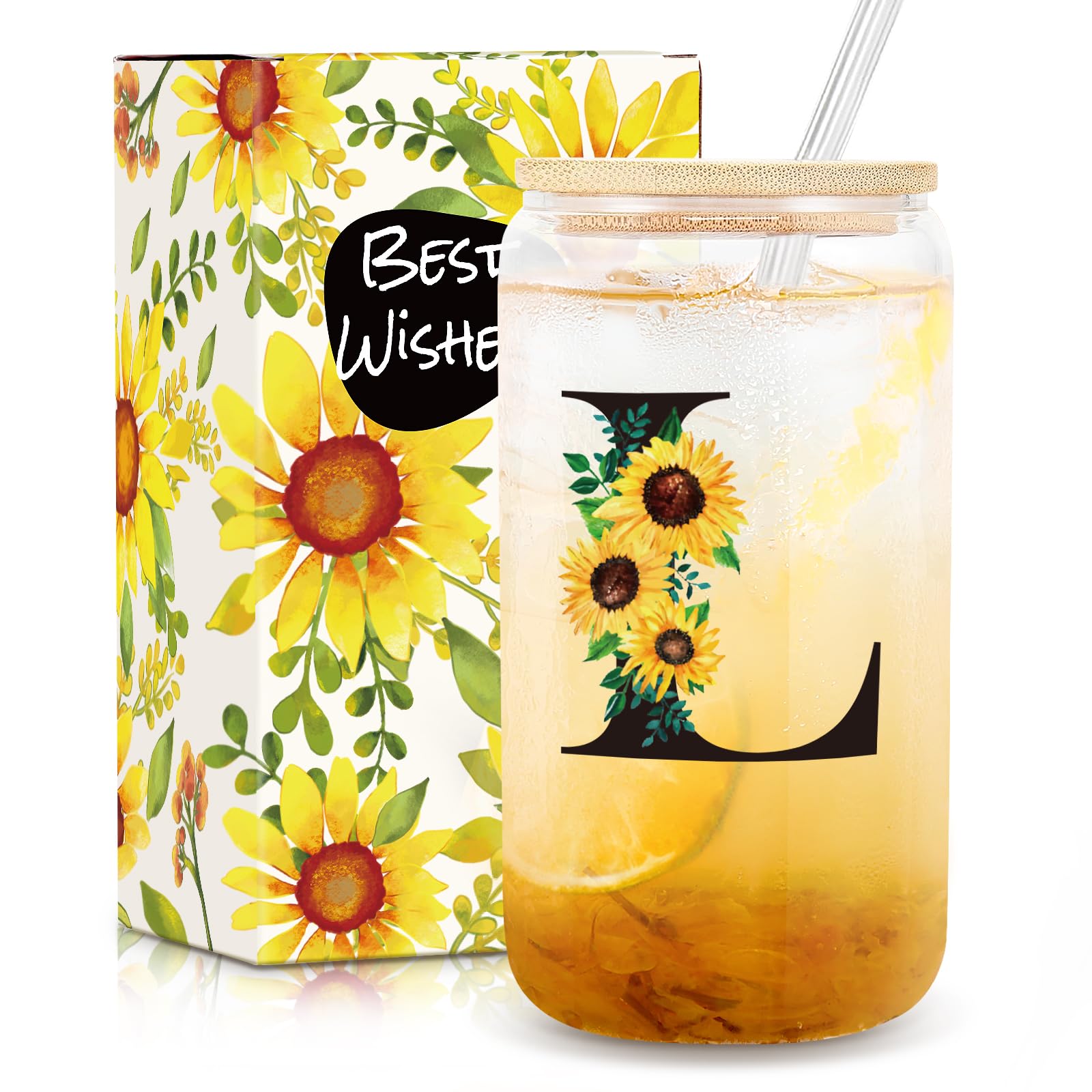 Frerdui Birthday Gifts for Women, Initial Glass Cups w Lids and Straws, Sunflower Gift for Women, Personalized Gift, 16oz Glass Tumbler Cups W/Straw
