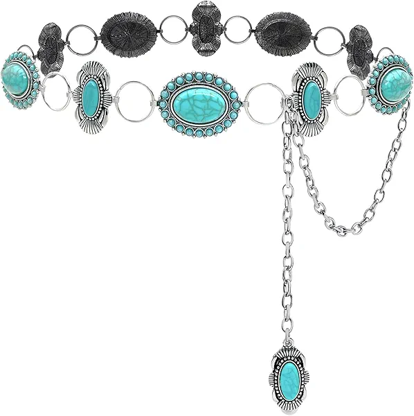 Xiokyo Turquoise Concho Belt Silver Western Chain Cowgirl Country Belt Accessories for Women