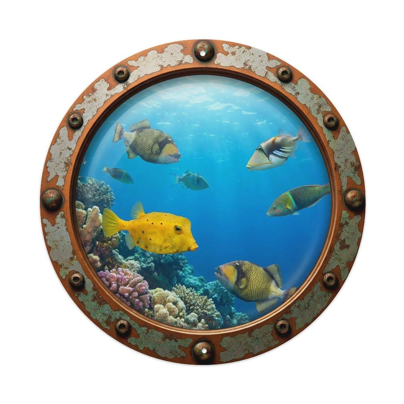Vintage Porthole Boxfish Nautical Window View Vintage Metal Tin Sign Plaque Wall Decor for Cafe, Club Bar, Office, Garden Metal Poster 8x8Inch