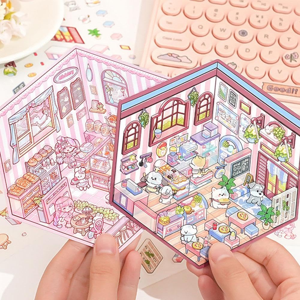 Juego De 8 Pegatinas 3D Para Casitas En Miniatura - Escenas De Cafetería, Restaurante, Supermercado, DIY Para Adultos Y Niños