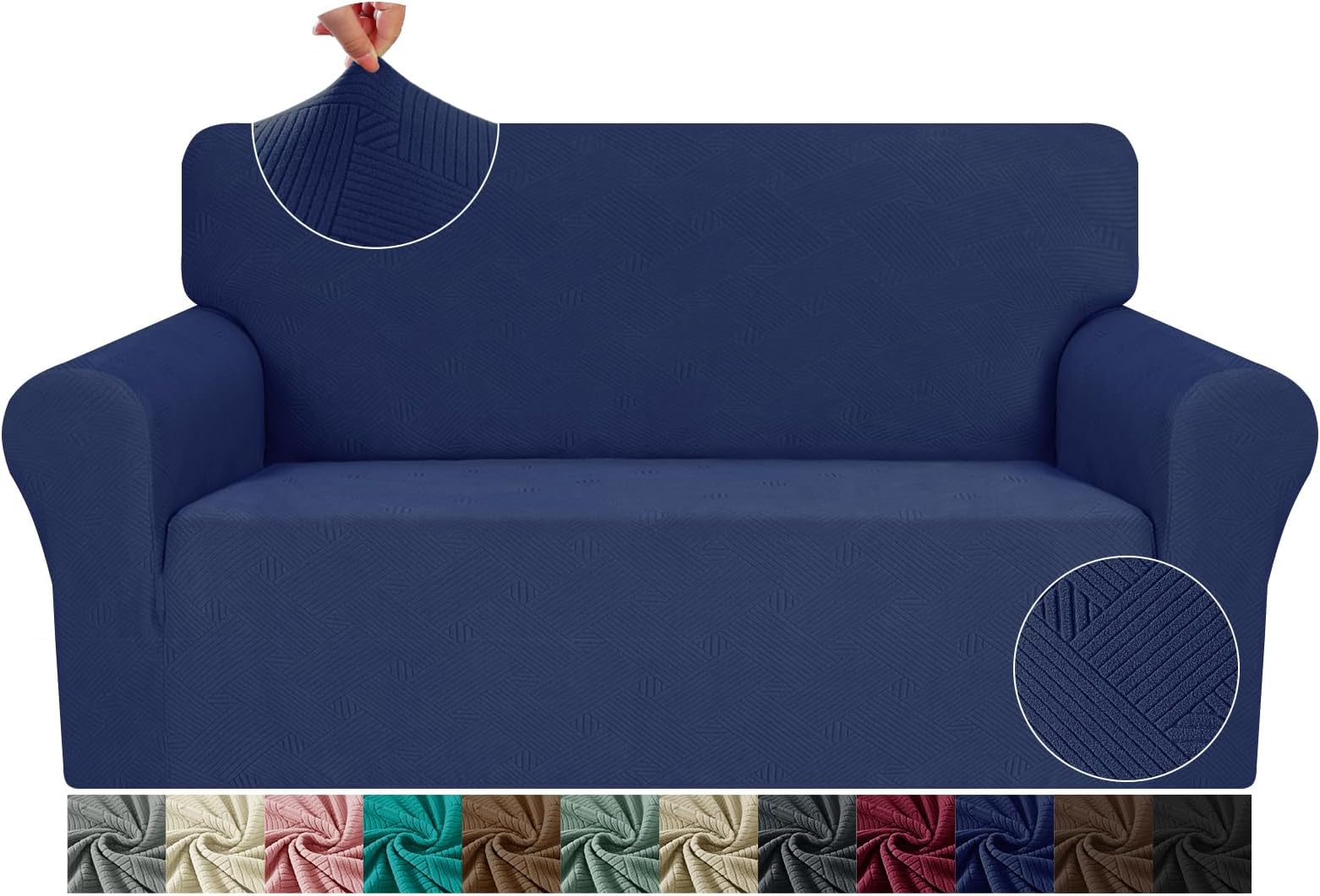 JIVINER Loveseat Slipcovers, 1 Piece Stretch Couch Covers for 2 Cushion Furniture Protector with Elastic Bottom for Kids Pets Jacquard 2 Seater Sofa Cover (Loveseat, Navy Blue)