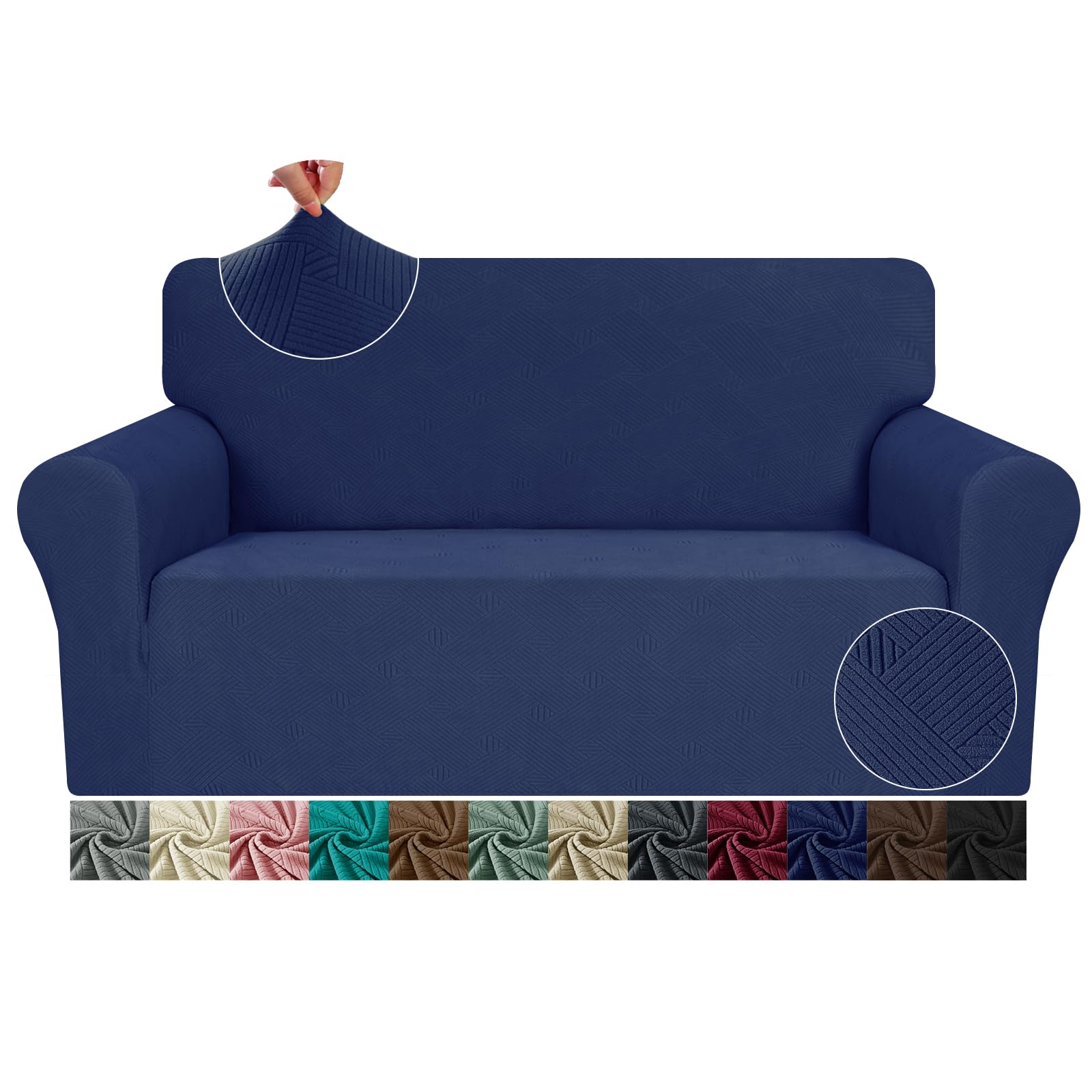 JIVINER Loveseat Slipcovers, 1 Piece Stretch Couch Covers for 2 Cushion Furniture Protector with Elastic Bottom for Kids Pets Jacquard 2 Seater Sofa Cover (Loveseat, Navy Blue)