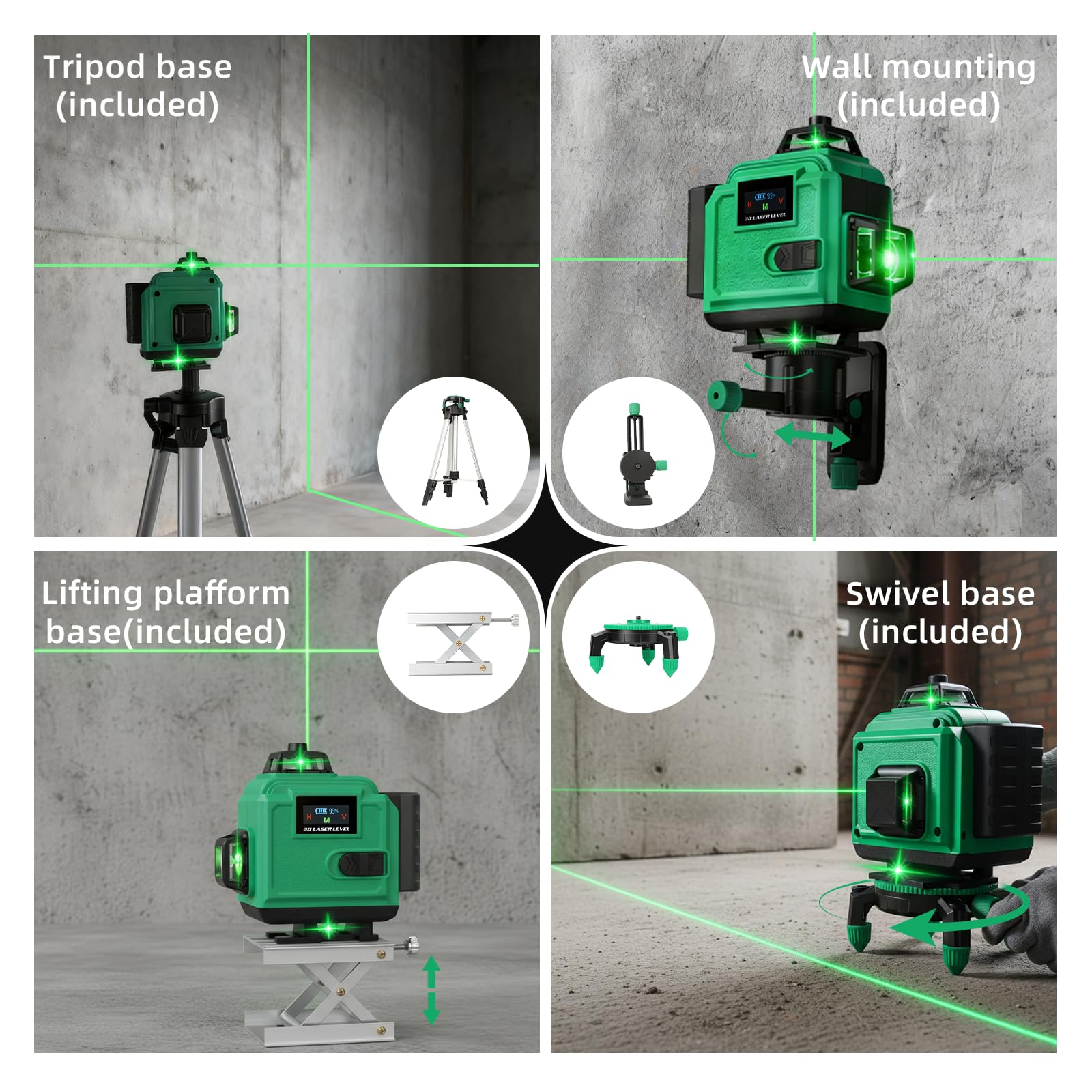Kreuzlinienlaser mit Stativ, Multifunktionaler 4D-Laser mit 16 Linien,laser wasserwaage mit stativ, USB-wiederaufladbares Lithium-Batterie-Nivelliergerät mit,2 * 2400 mAh Batterien Green