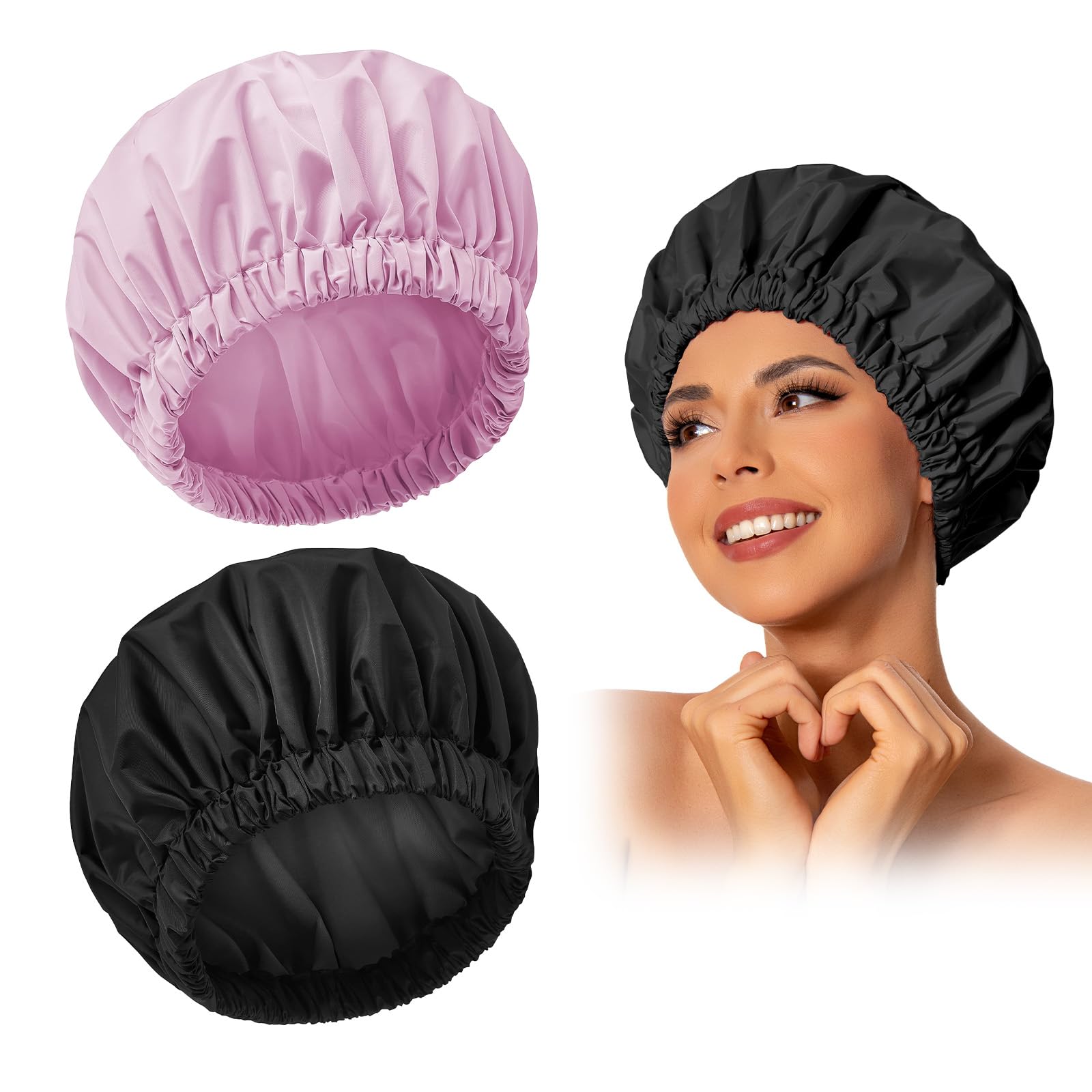 Edoneery Shower Caps for Women Reusable Waterproof, Shower Hair Cap | Washable Bonnet, Wide Elastic Band, Large Fit, Holds Long Hair, Braids Friendly, Bath Accessories, Spa, Travel Black&Purple