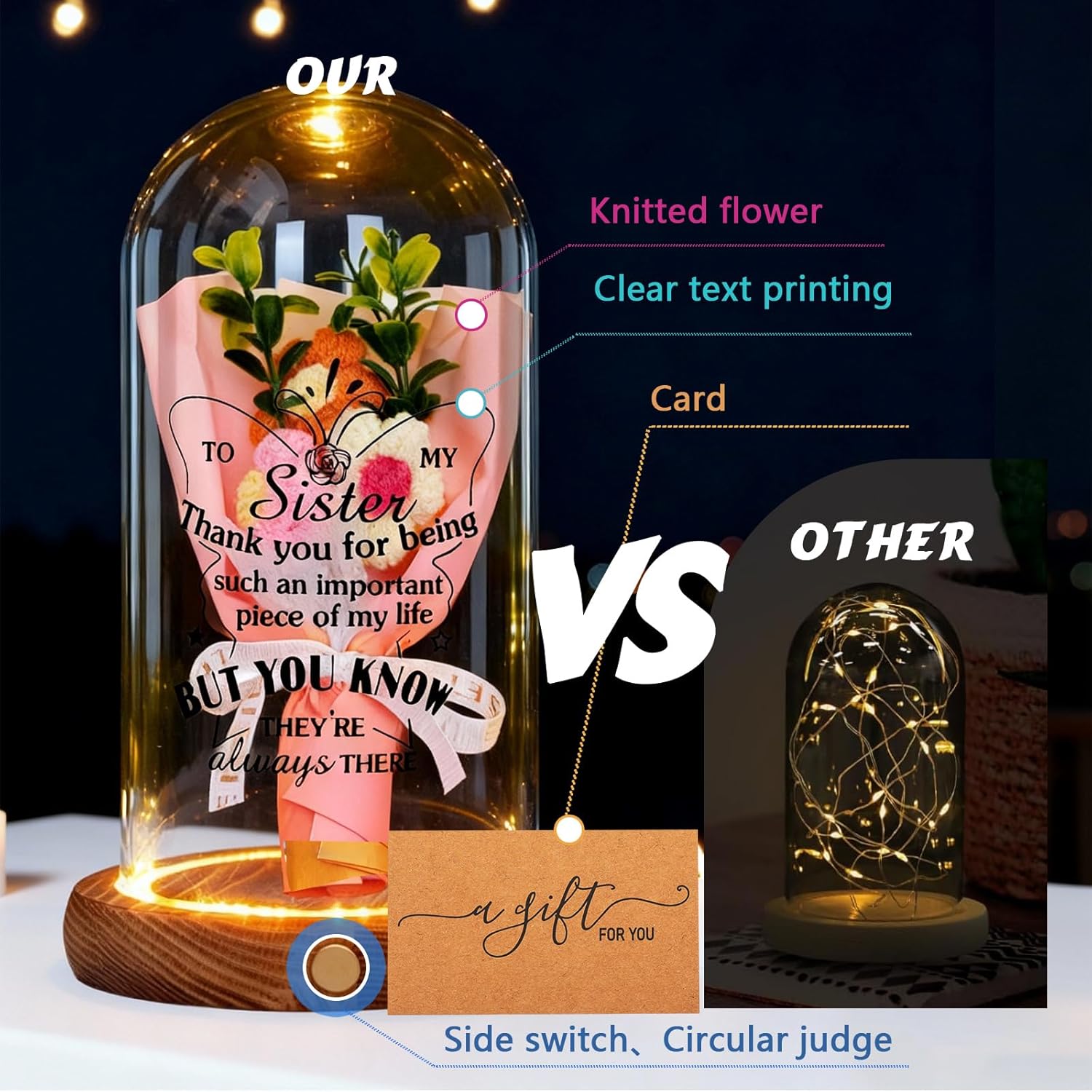 Sister Gifts-Bell Jar Night Lights with Warm Lights for Sisters,Unique Gifts for Sister Gift Ideas for Birthday Christmas Valentines Day Mothers Day,Fake Flower Glass Cloche Bell Jar with Wooden Base - Image 5