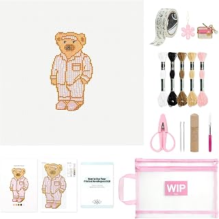 Kaitiaki 18 mesh Needlepoint Canvas Kit, 8 in Painted Canvas Set with Embroidery Floss, Needles, Guide Card, Instruction, Threader, Scissors & Project Bag for Crafter Gift(Pajama Bear)