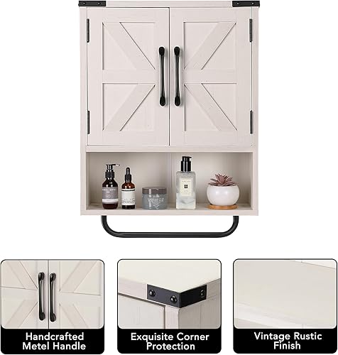Miniatura 9 de RUSTOWN Armario de almacenamiento de pared de granja con dos puertas de granero, gabinete de medicina de montaje rústico con estante ajustable y
