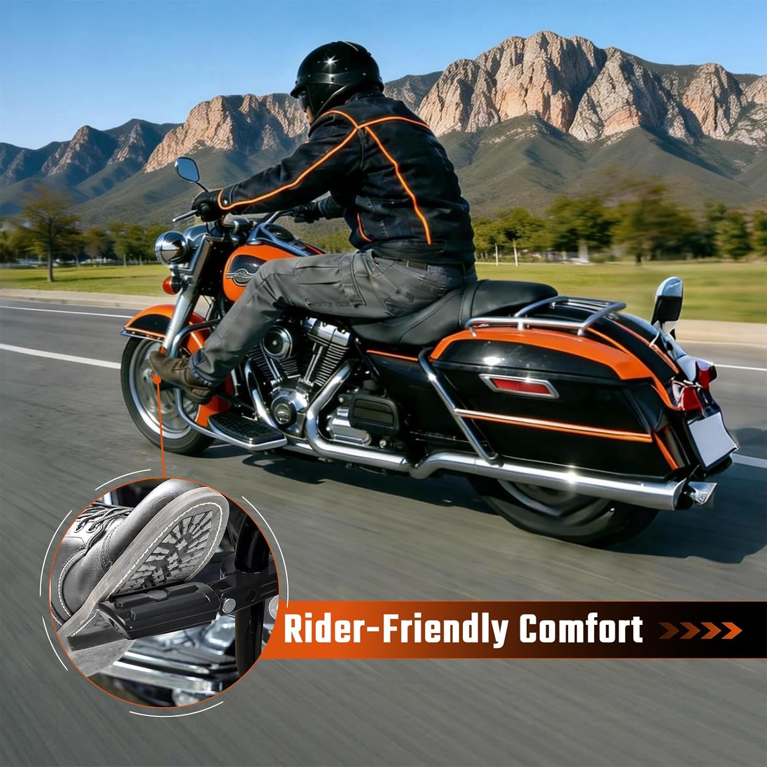 1.25" Highway Footpegs for Harley Touring Softail Dyna Sportster, Adjustable 360° Rotatable Black Motorcycle Foot Pegs, Fits 1-1/4" Engine Guard, 90° Foldable Fit for Honda Kawasaki Yamaha Indian