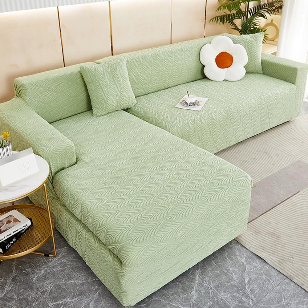 Housse canapé d'angle méridiene 4 places : protège canapé jacquard extensible de salon