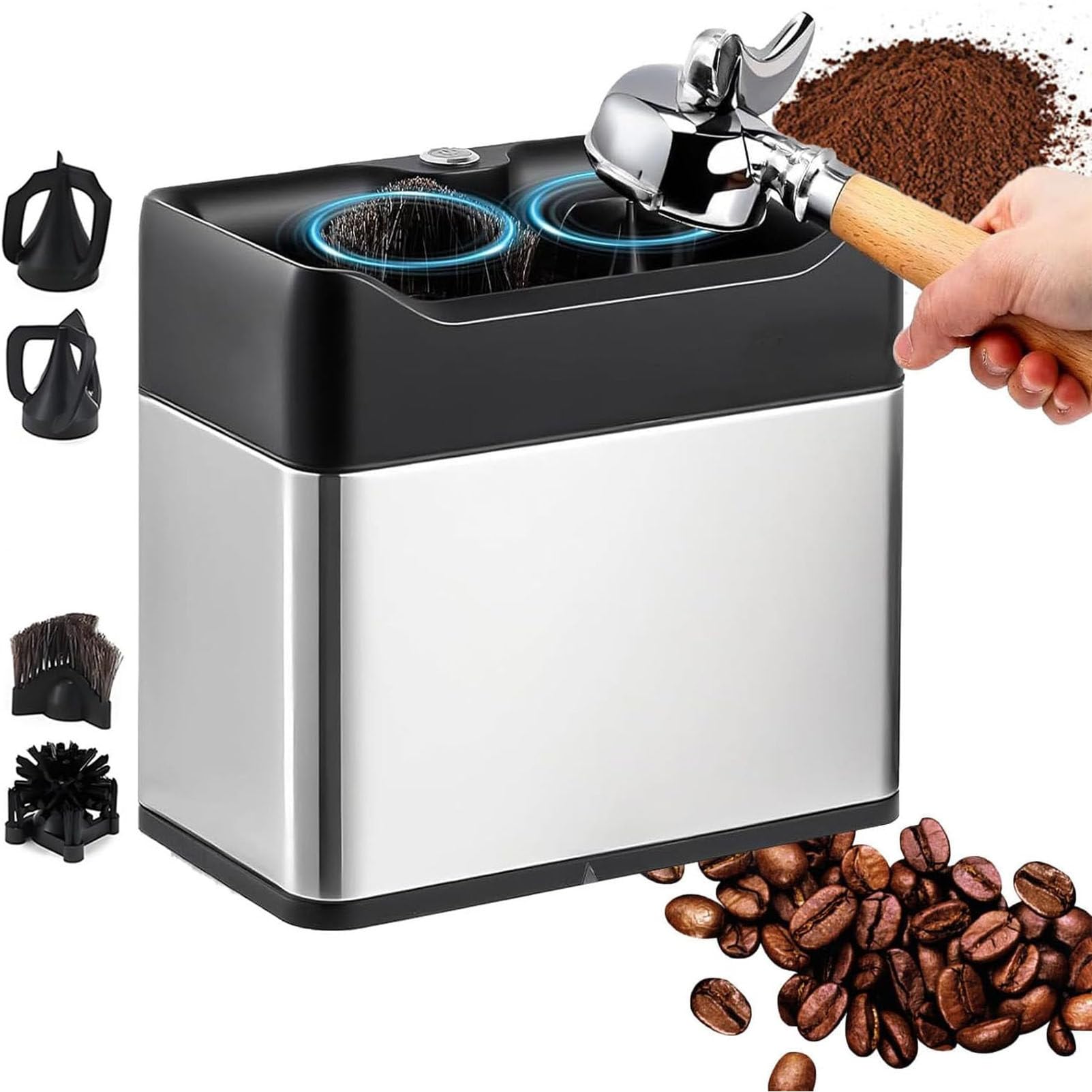 Elektrischer, automatischer Kaffeesatzreiniger, gewerblicher 58-mm-Siebträgerreiniger, elektrischer Siebträgerreiniger mit 2 Schabern und 2 Bürstenköpfen für Zuhause und Café Silver