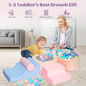 MIND&ACTION 6-Piece Toddler Clinbing Toys Indoor with Ball Pit, Climbing Toys for 1+ Year Old, Soft Play Set Baby Foam Blocks for Toddler 1-3 (Ball Not Included)