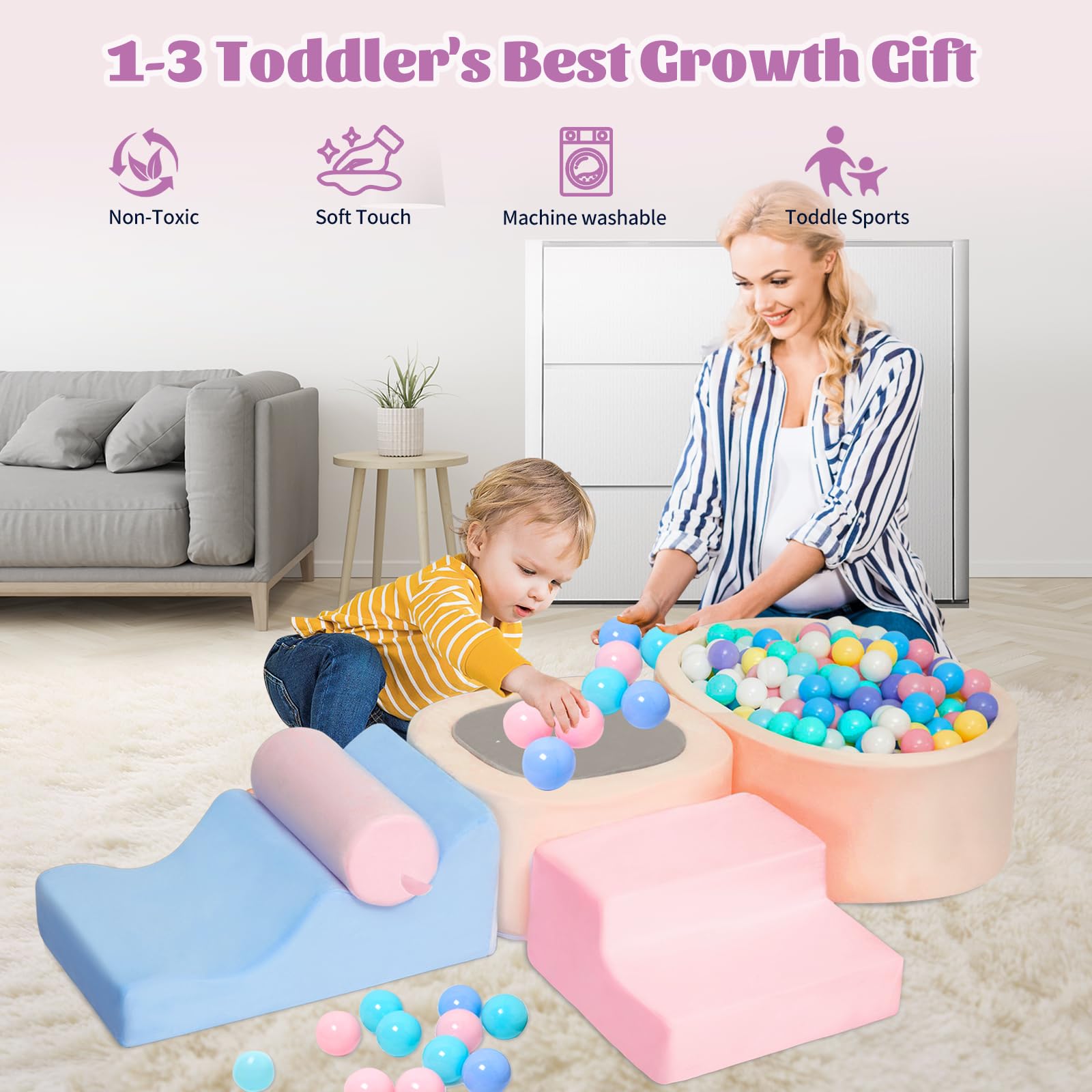 MIND&ACTION Kletterspielzeug für Kleinkinder, 6 Stück, Indoor-Kletterspielzeug mit Kugelloch, Kletterspielzeug für Kinder von 1-3 Jahren, weiches Spiel, Schaumstoffblöcke für Babys von 1-3 Jahren