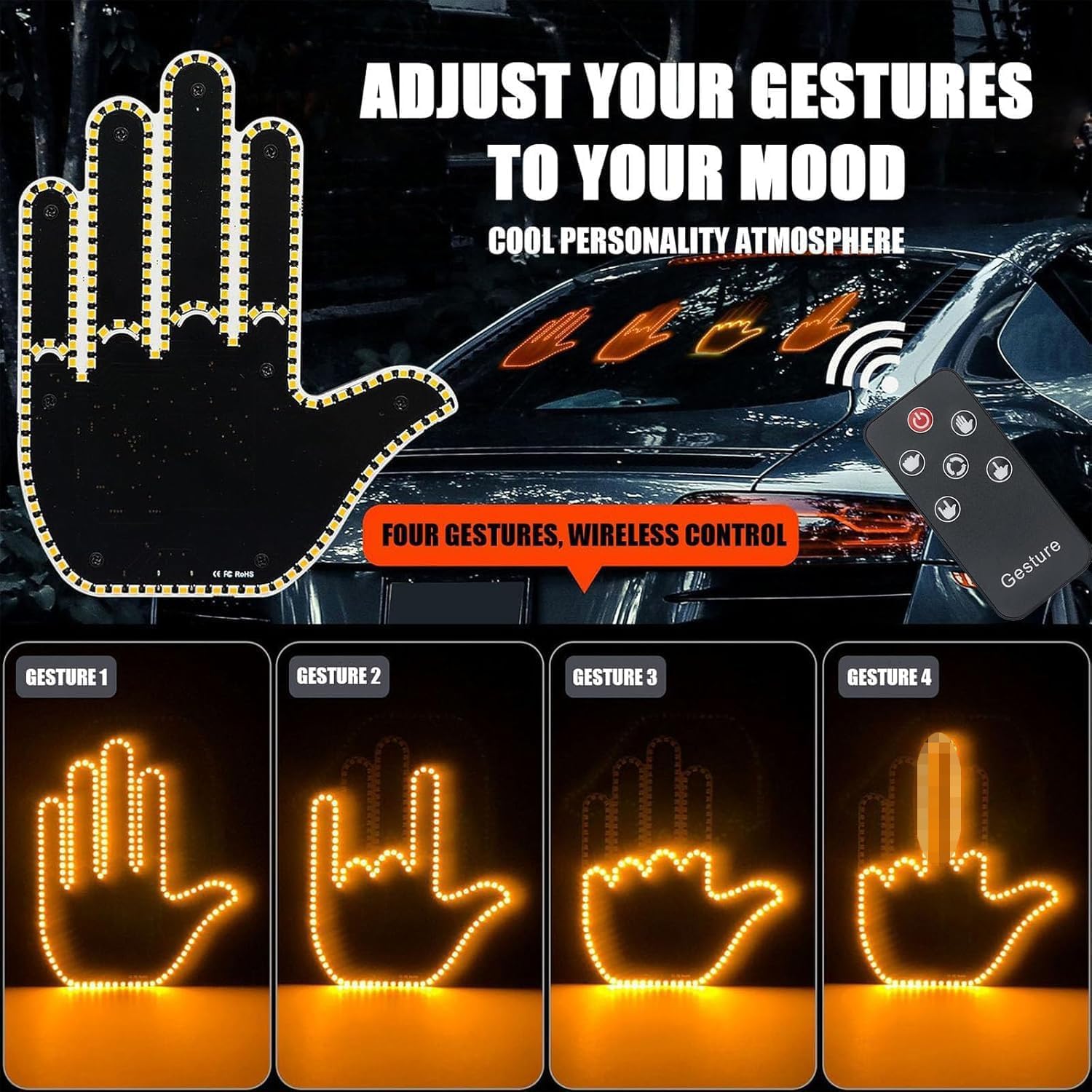 Luce A LED Con Gesto Della Mano Per Auto – Segnale Luminoso 14,4x14,4 Cm, Modalità Lampeggiante, Installazione Senza Attrezzi, Per Guida Sicura