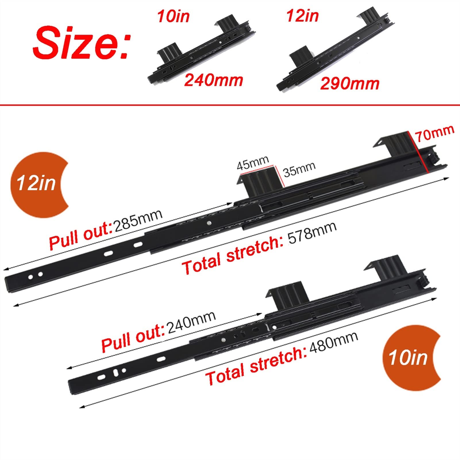 Coulisses De Tiroir À Billes 240 290mm Glissières Clavier Tiroir, 1 Paire Noir Acier Rail Télescopiques, Pour Tablette Porte Clavier, Armoire Meubles
