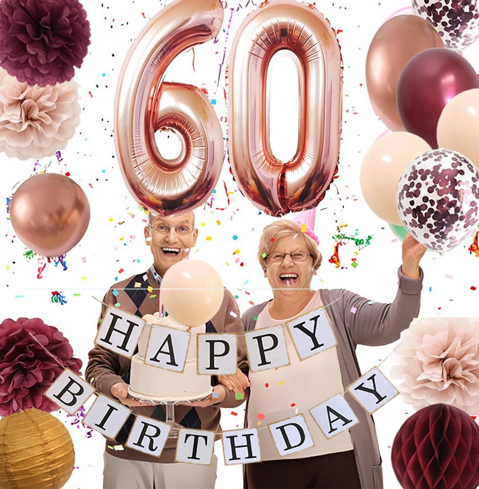 60th birthday decorations women – Rose gold 60 birthday party supplies for Happy Womens with Fabulous Champagne burgundy flowers Balloons Tissues Decor (burgundy + Champagne) image 2