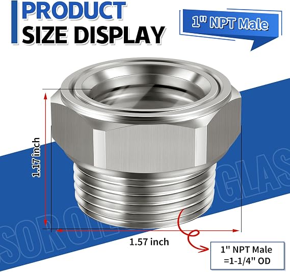 Boltigen 1'' NPT Male Hex Head Stainless Steel Oil Sight Glass Liquid Level Gauge Oil Indicator Window Hydraulic Tank Sight Glass For Pump Air Compressor Gearbox (1'' NPT Male)