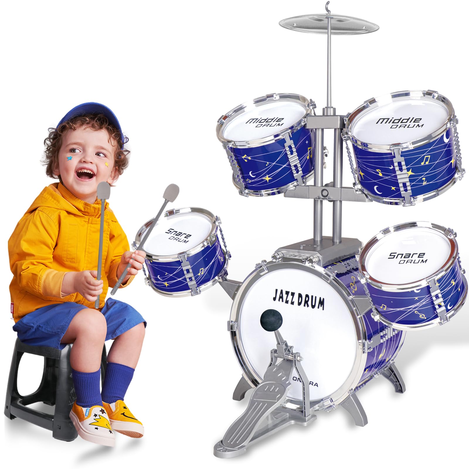 Batteria per Bambini Piccolo da 1 a 3 Anni, Upgrade Jazz Tamburi e Percussioni 3 a 5 Anni con Sgabello, Giocattolo Compleanno Educazione Precoce Regalo di Natale per 2 3 4 5 6 Anni Ragazze Ragazzi