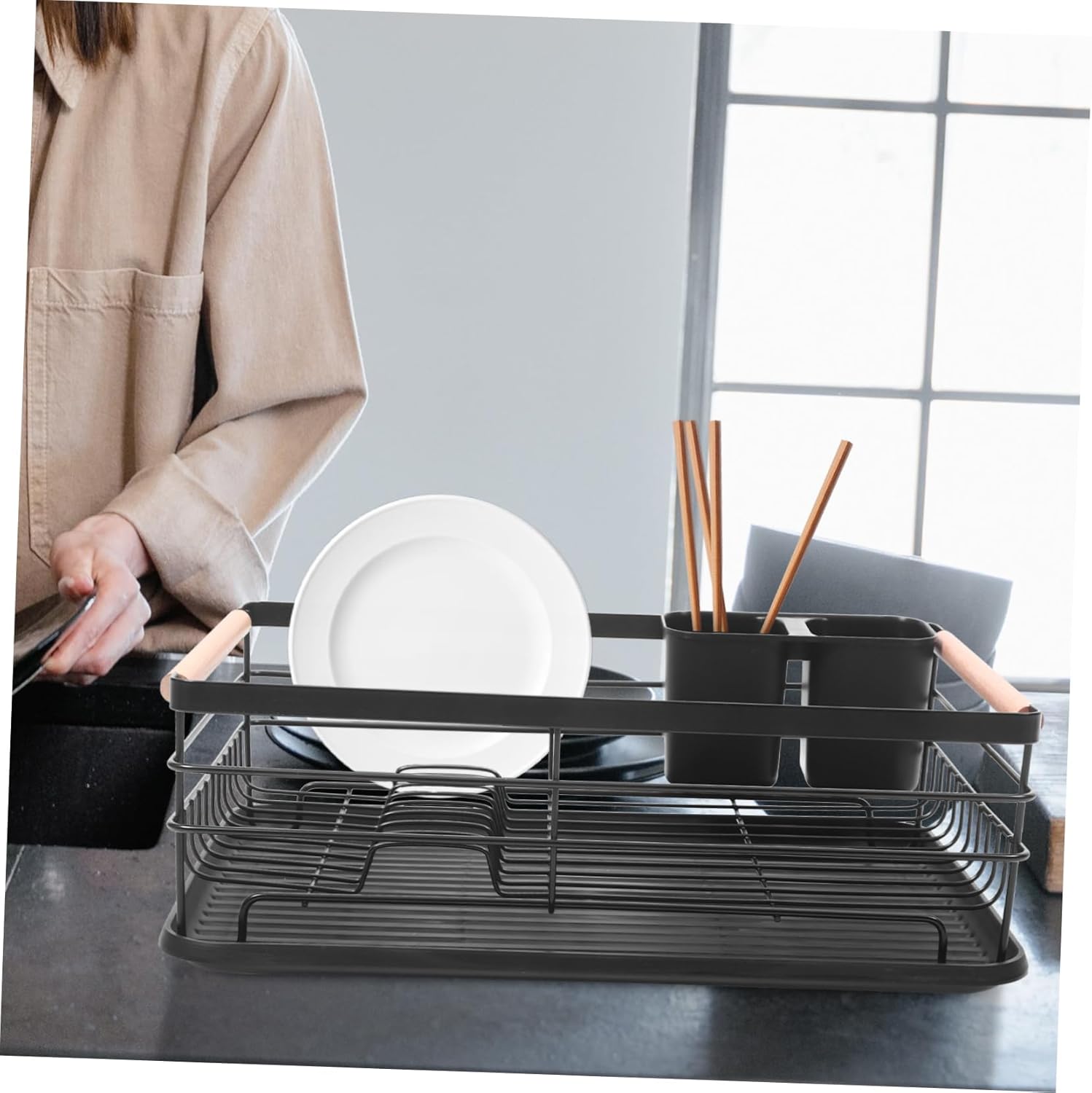 Cabilock Metal Dish Drying Rack with Drainage Design Space Saving Kitchen Storage Holder for Plates and Utensils Iron Bowl Dish Rack with Chic Black Finish for Countertop Organization