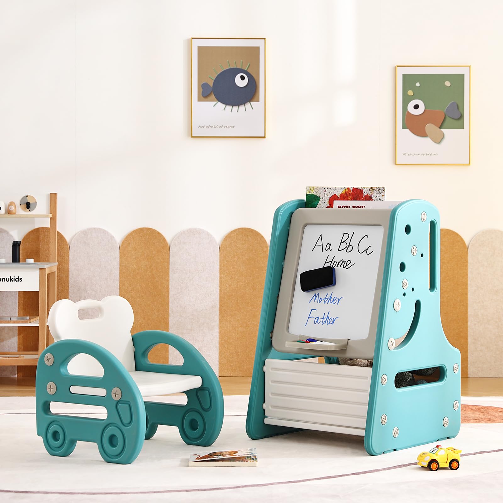 Juego de mesa y silla para niños, caballete de arte convertible 3 en 1 y estantería de exhibición con tablero de pintura magnético, estante de almacenamiento inferior, juego de mesa de 6