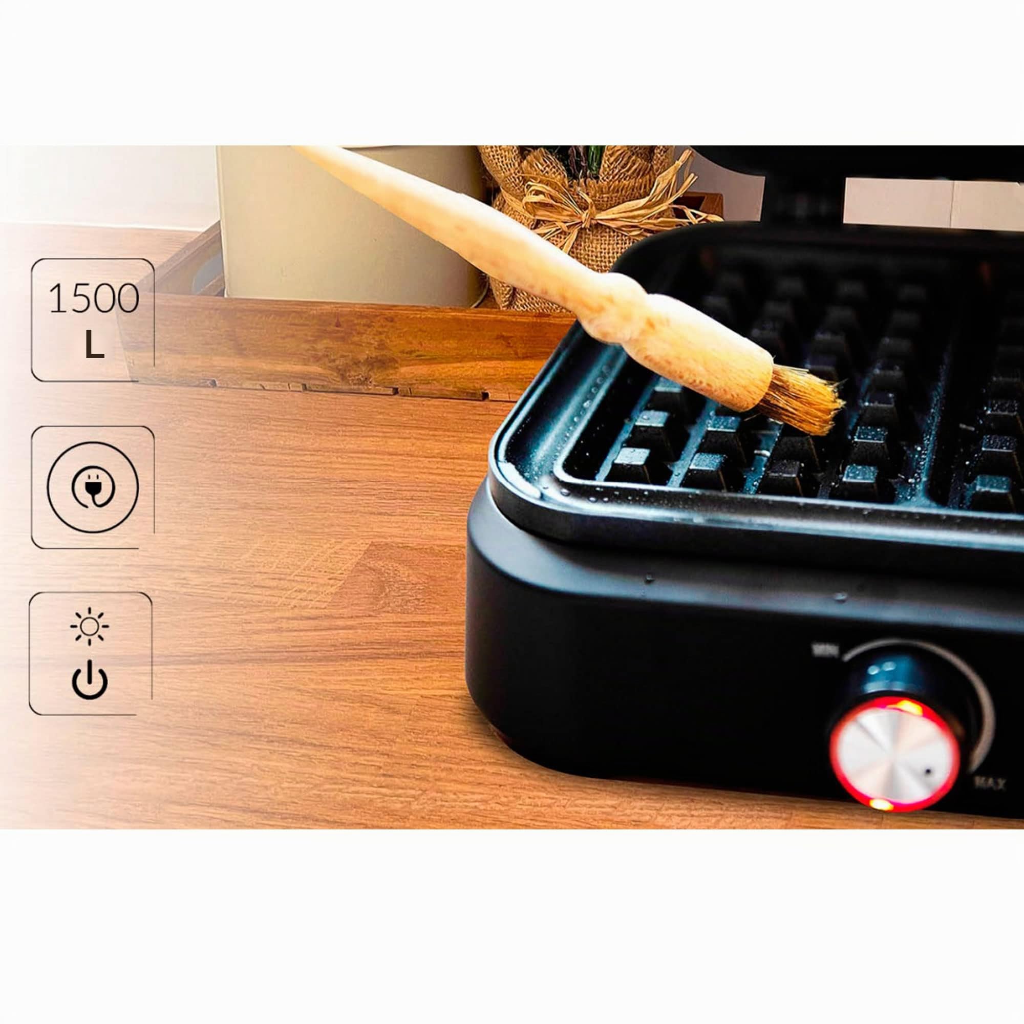 MPM MGO-40 Gaufrier Professionnel pour 2 Gaufres Belges Épaisses, Plaques Antiadhésives, Régulateur de Température, Noir, 1500W
