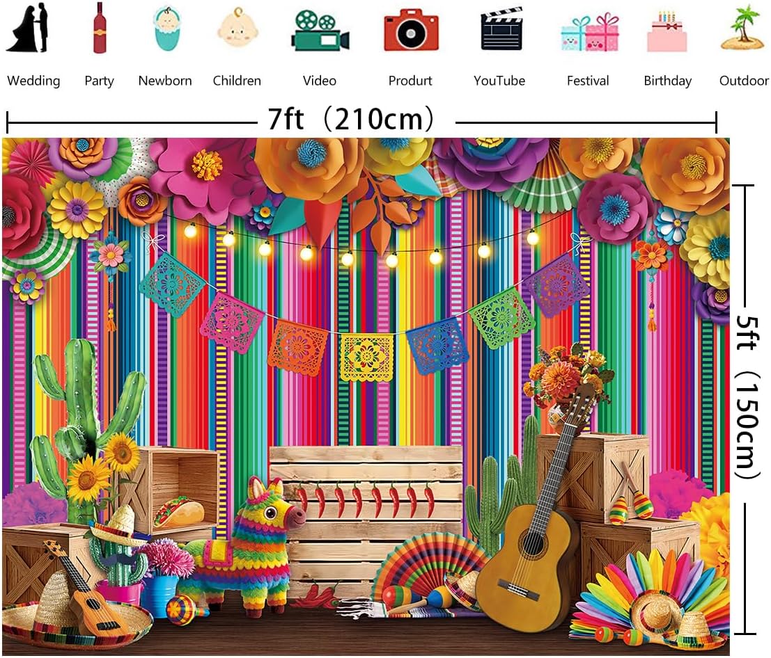 Mexican Fiesta Photography Backdrop 7x5FT 3D Paper Flower Colorful Striped Cinco De Mayo Banner Background Mexican Theme Party Decorations Supplies for Home Party
