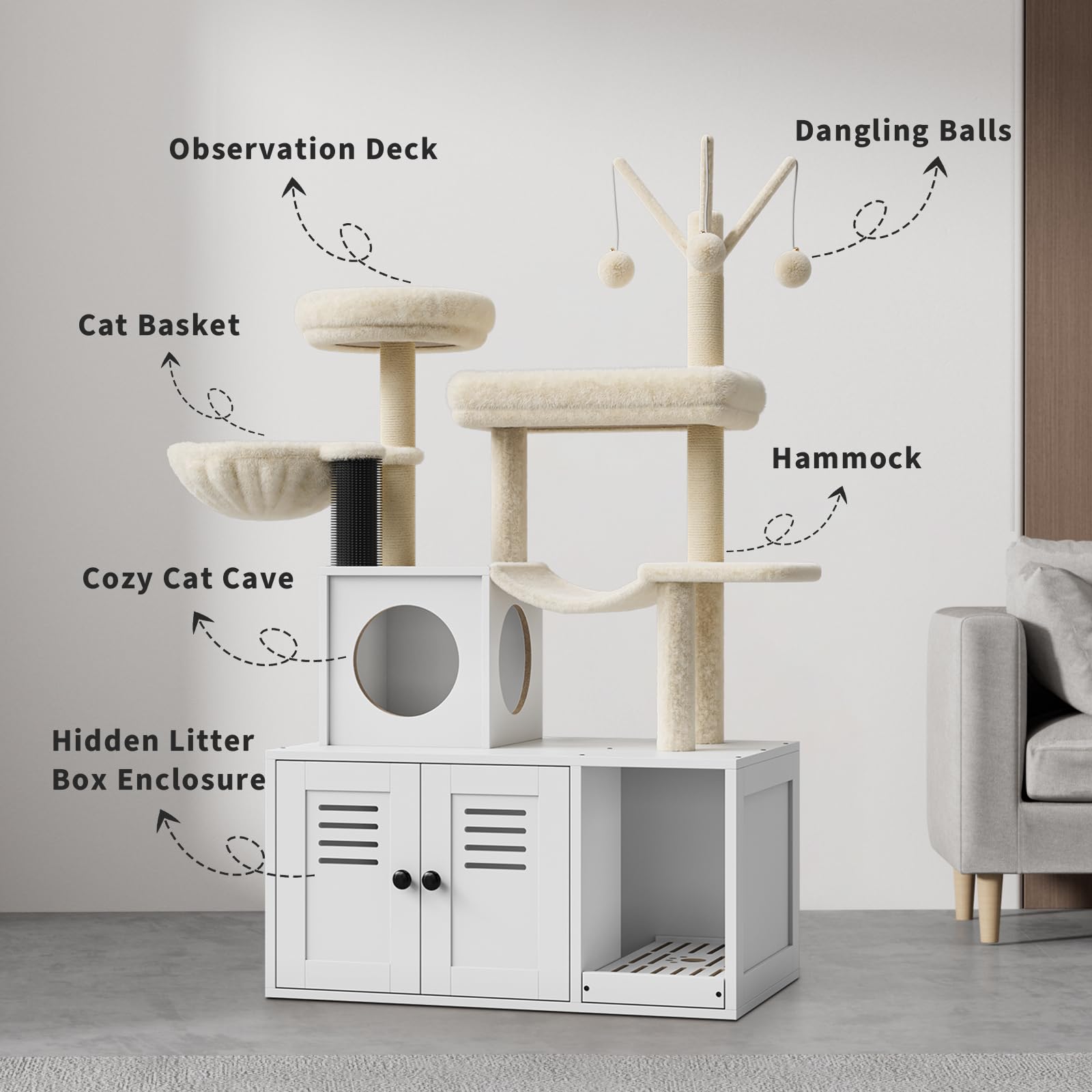 Möbel für Katzentoilette mit Kratzbaum aus Holz, Abdeckung für Katzentoilette und Kratzbrett, kombiniert, 2-in-1, mit integrierter Hütte & Kuschelplattform, modernes Katzenmöbel für Spielzeug und