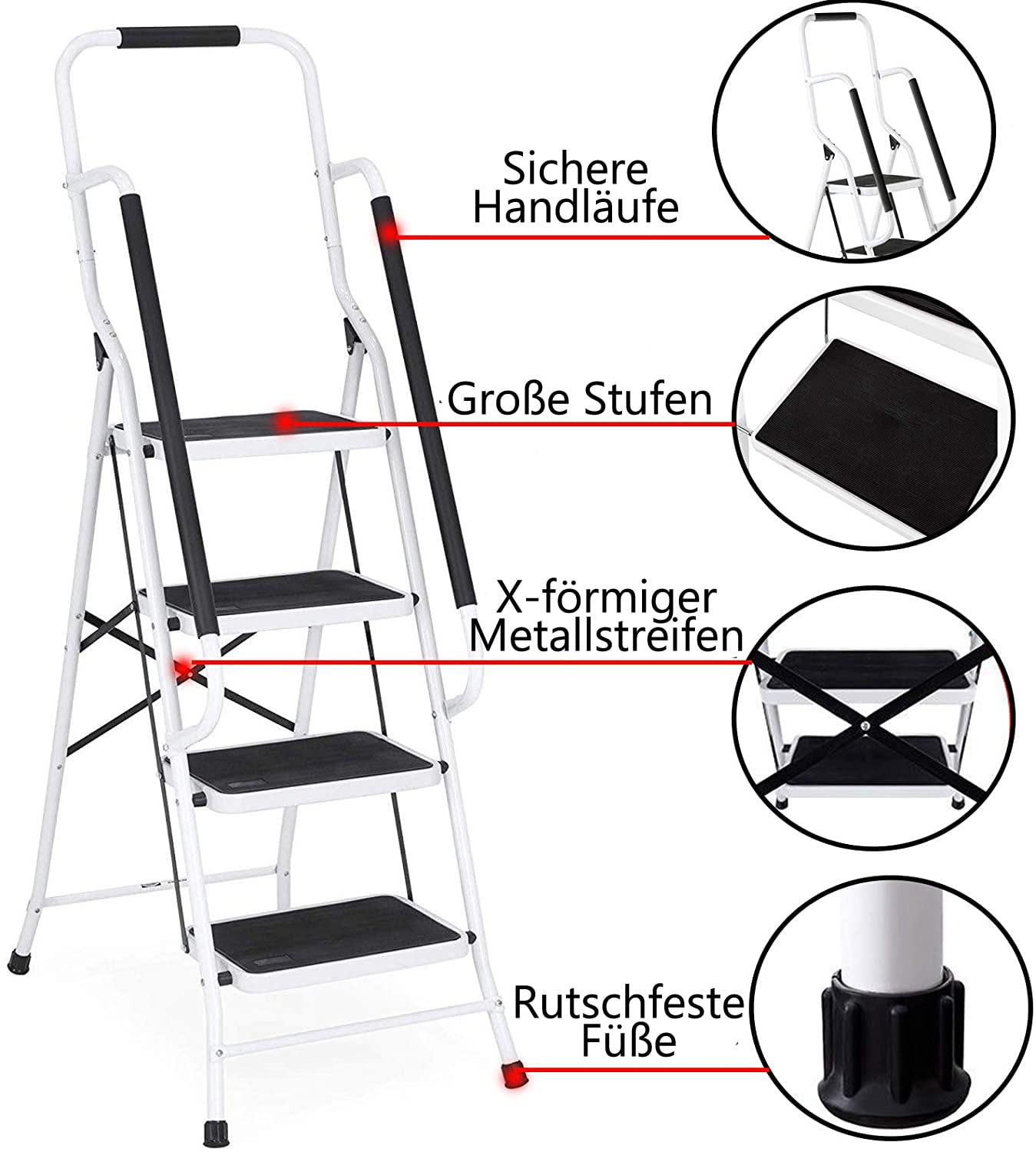 Escabeau de ménage avec main courante et tapis antidérapant - Pliable - Pour la maison, la cuisine, le jardin, le garage, l'entrepôt - 4 marches - Portable - Pliable et résistant