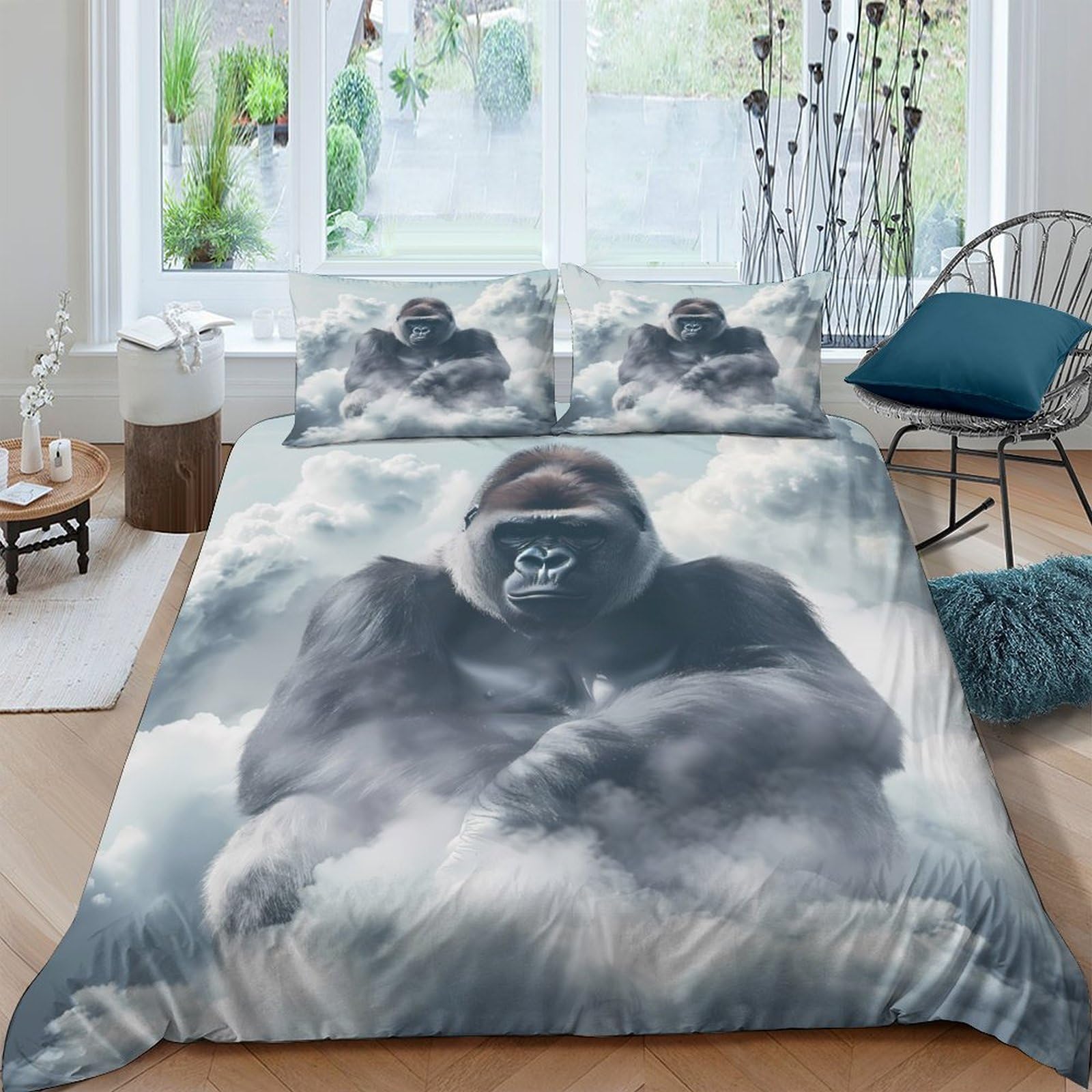 Ctjqhvkz Style-1 3D Printed Gorilla Cloud Fitted Sheet Microfiber Non Slip Bed Cover Bedroom Decor Machine Washable Single（135X200cm）