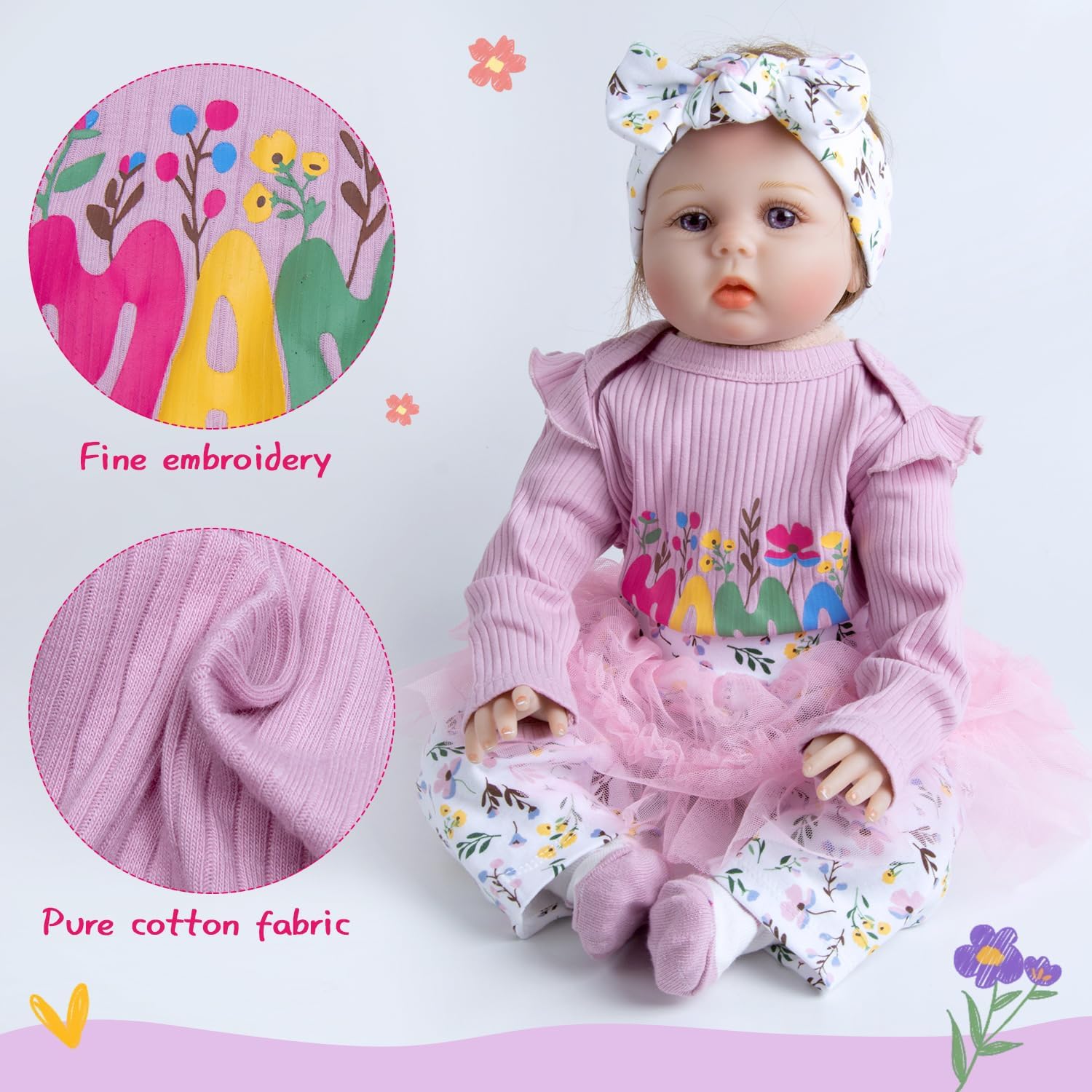 Reborn Doll Clothes 22 Inch Girl Pink Flower for 20-22 Inch Baby Doll Clothes +Headband +Lace-Ed Pants 4 Pieces Set