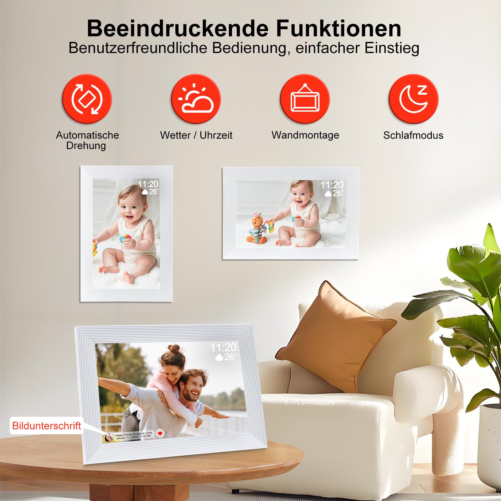 Frameo WLAN Digitaler Bilderrahmen 10.1 Zoll 1280x800 Touchscreen 16 GB Speicher Automatische Drehung Wandmontage weiß