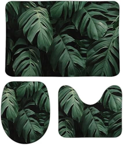 Habilboi Juego de alfombras de baño antideslizantes de 3 piezas, alfombra de baño de hojas tropicales y alfombrilla de inodoro contorneada en forma