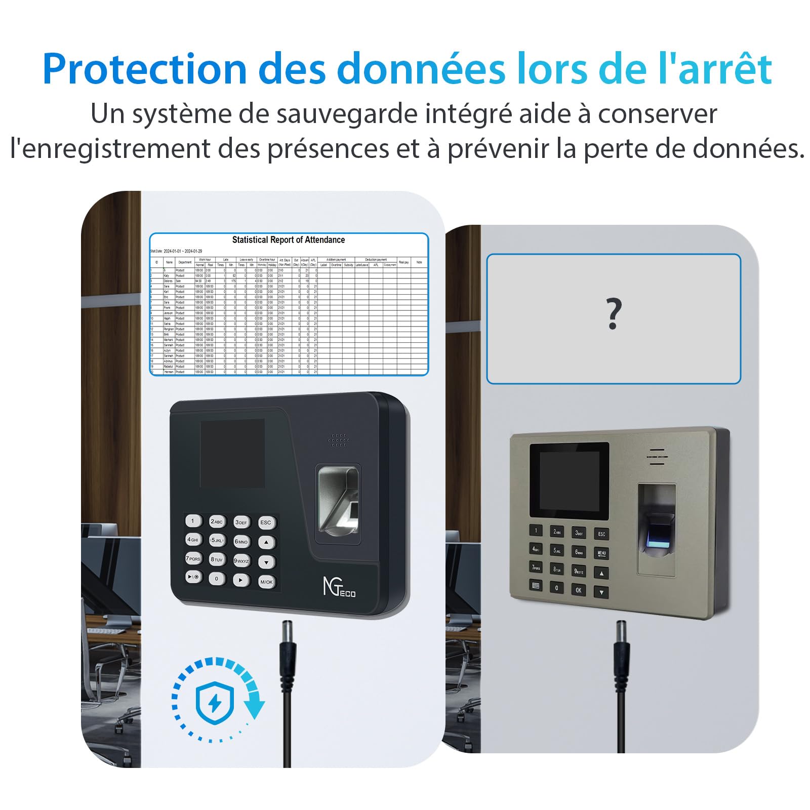 NGTeco Pointeuse Horaire Personnel pour Les organisations de Moins de 1000 employés, avec calcul Automatique, Horloge biométrique à Empreintes digitales AS10 avec USB 8 GB (Français)