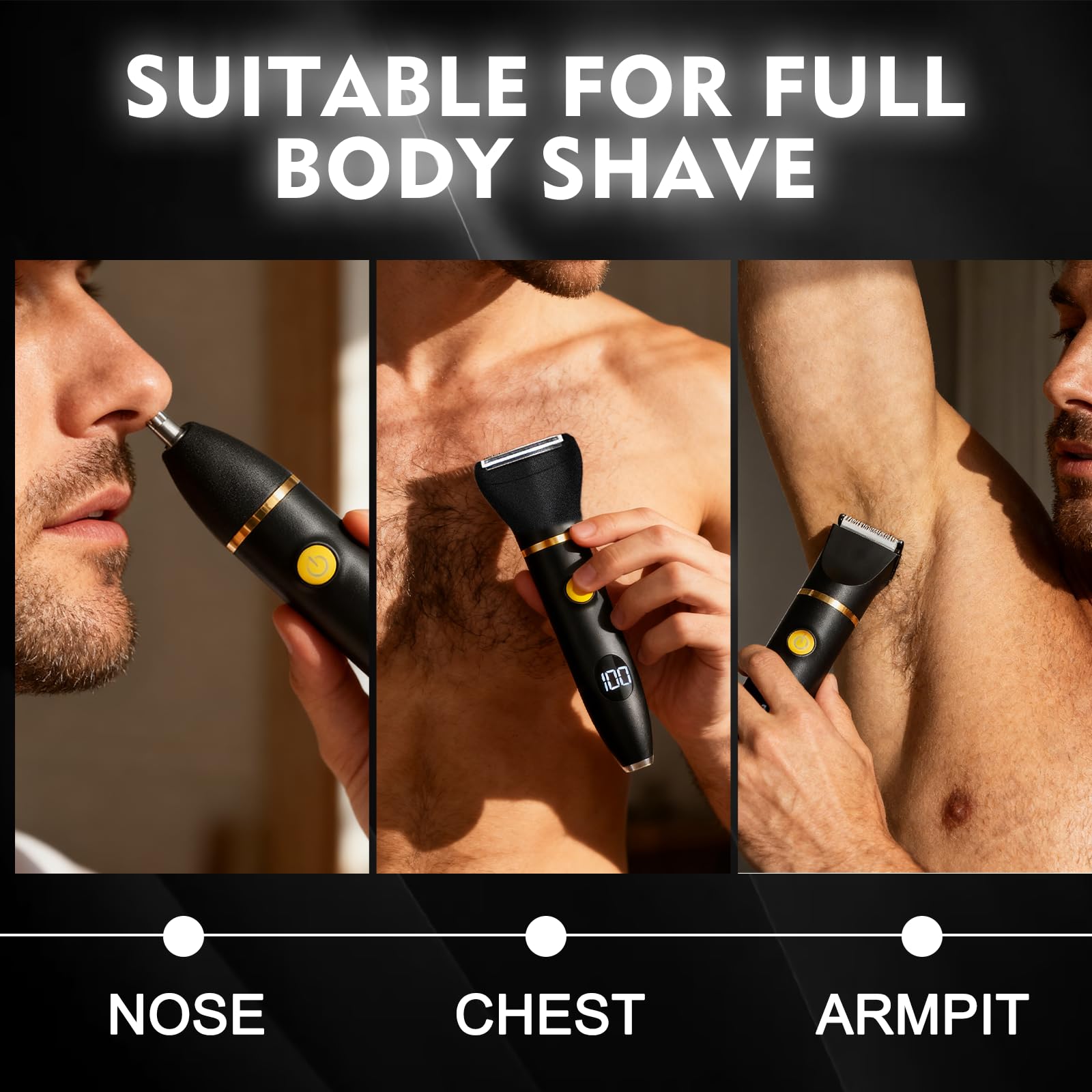 Rasoio elettrico 3 in 1 da uomo, indolore, versatile, ricaricabile tramite USB, con 3 teste, 3 pettini, kit rasoio elettrico impermeabile IPX6 con display digitale a LED, per la cura di barba, petto