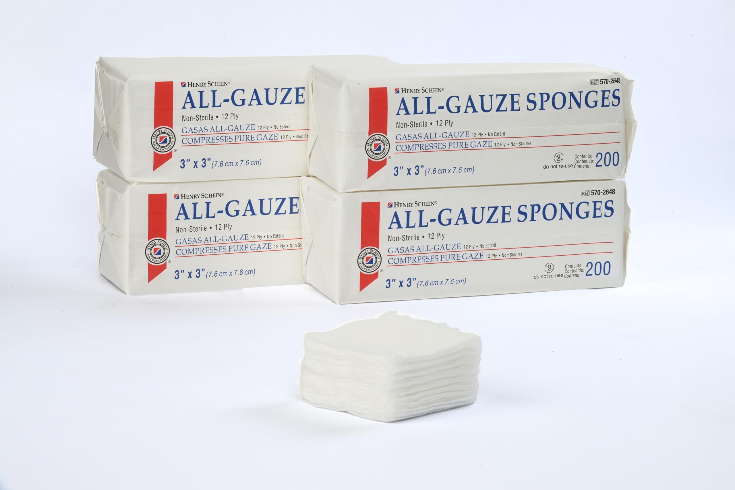 Henry Schein 200/Pack Non-Sterile Gauze Pads 3’’ x 3’’ for Wound Dressing Gauze Sponge-Pads for Wound Care & Home First Aid Kits -12-Ply - 100% Cotton & Highly Absorbent