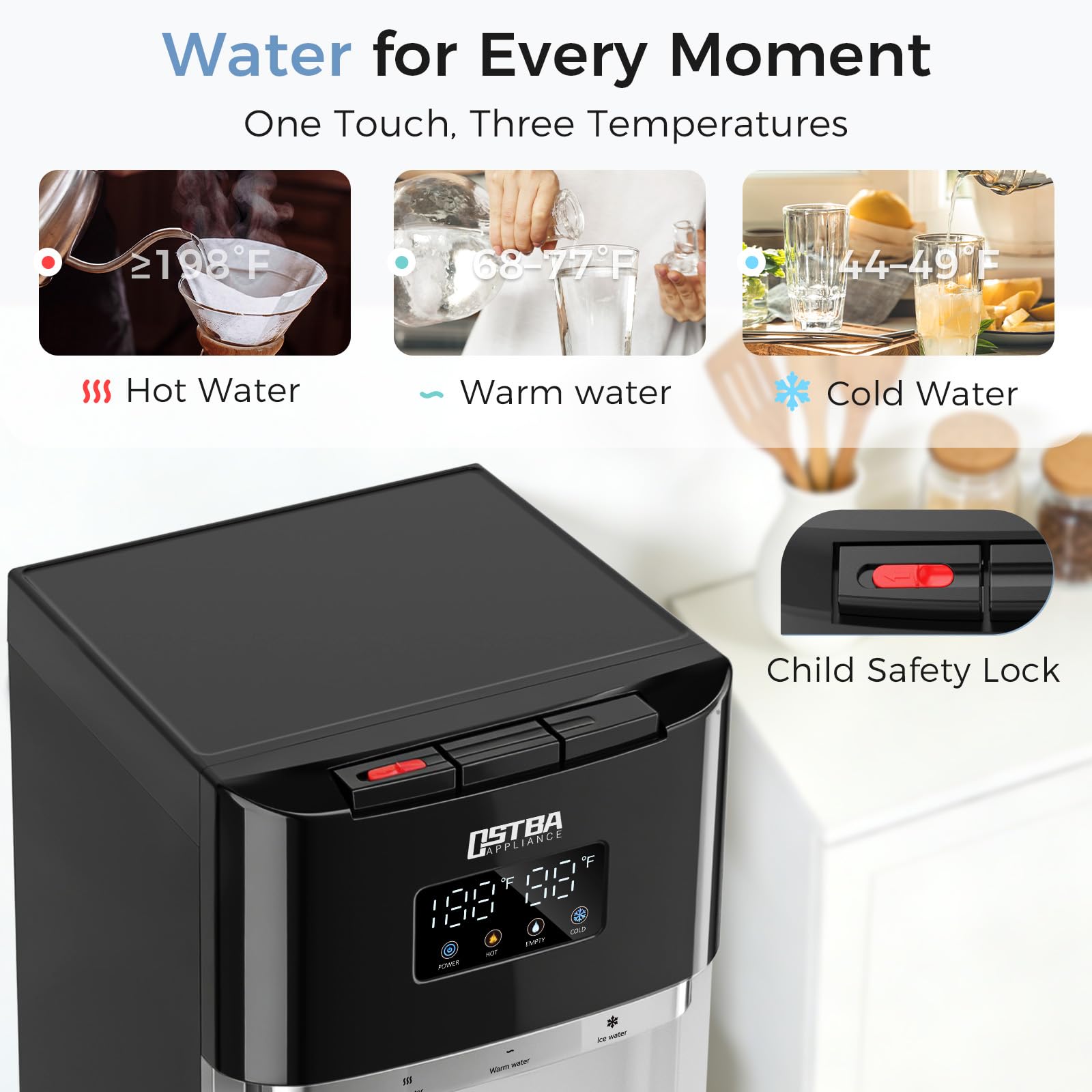 OSTBA Distributeur de refroidisseur d'eau à chargement par le bas pour bouteilles de 10 et 15 litres, eau chaude, froide et ambiante, affichage LED, verrouillage de sécurité enfant, distributeur d'eau