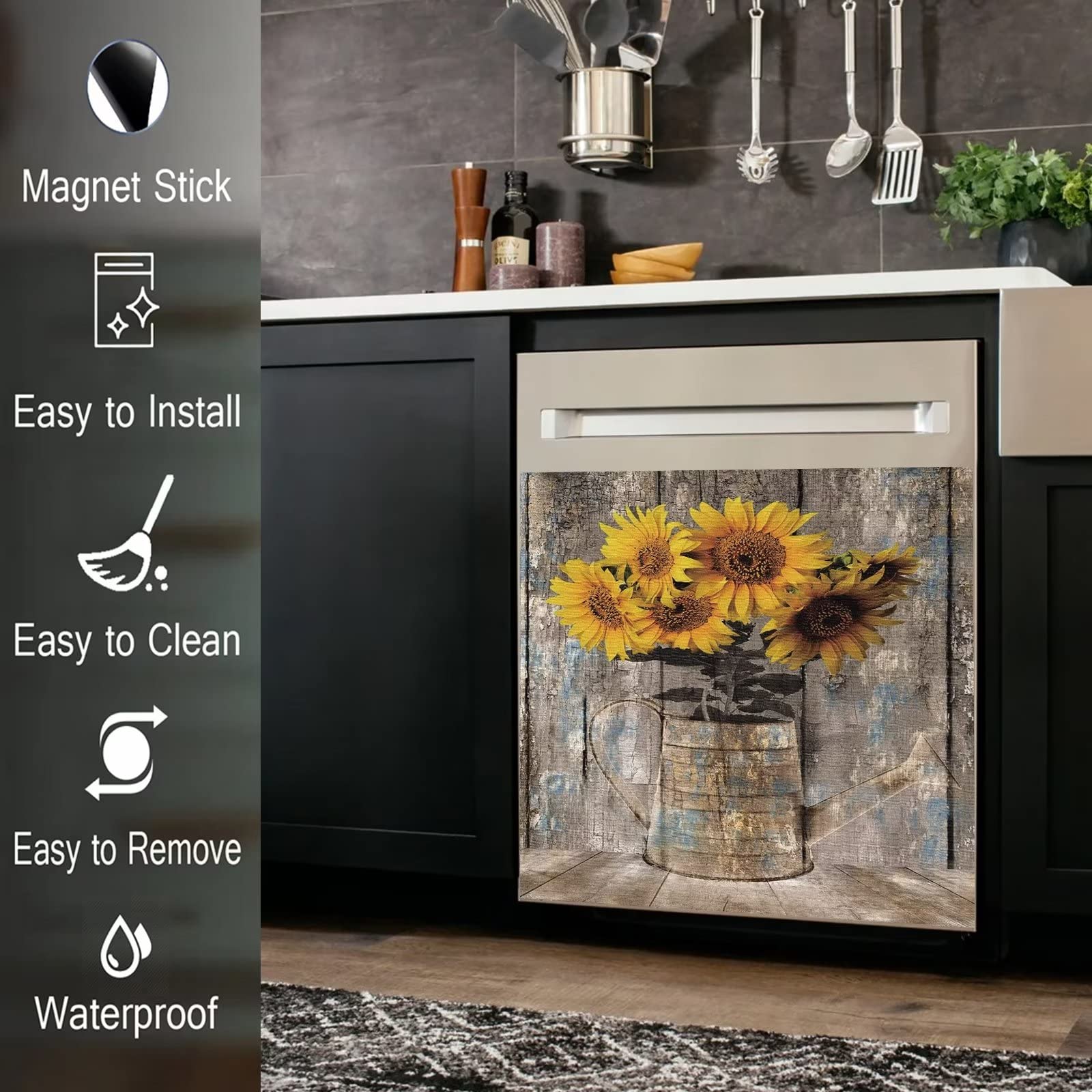 Rustic Sunflower Dishwasher Cover Decal – Self-Adhesive PVC Panel 23x26 Inches, Farmhouse Style Appliance Sticker