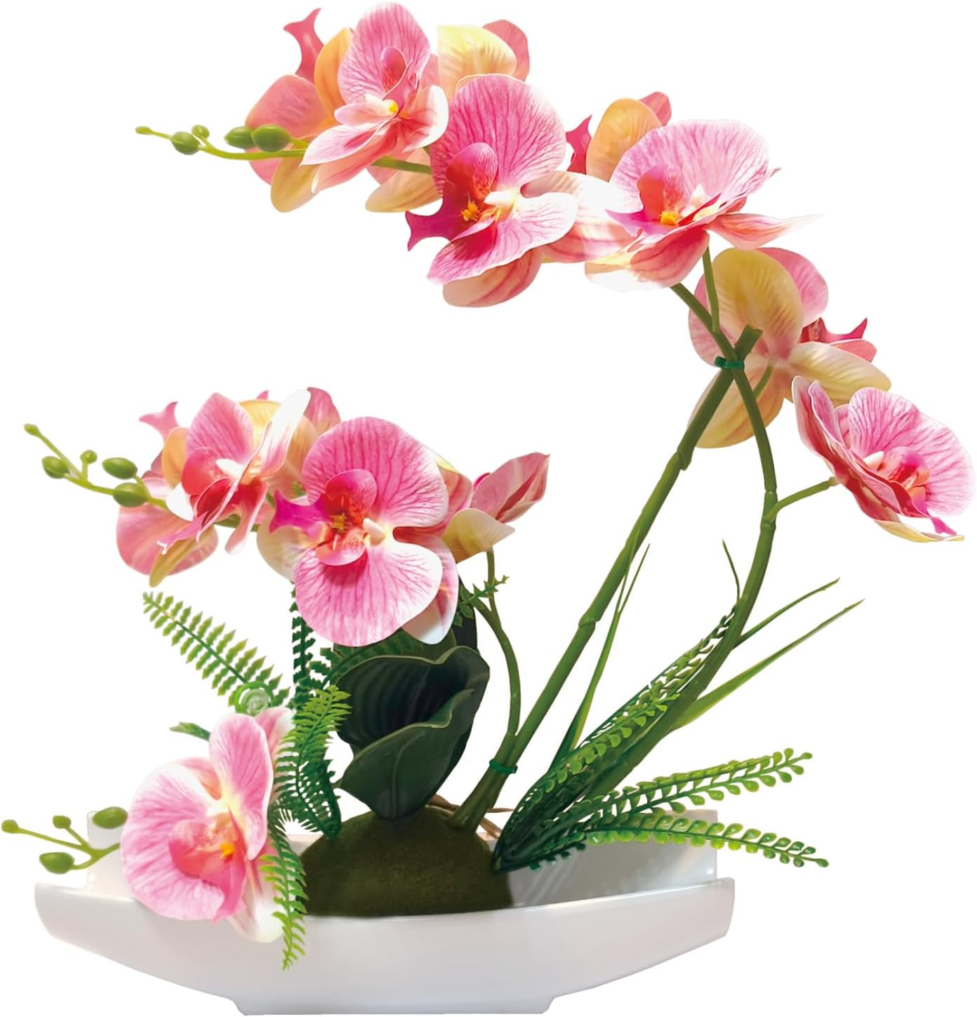 Orchids Artificial Flowers Plant Pot Arrangements,Fake Orchid Desk Plants for Office,Faux Flowers Indoor,Faux Orchid Arrangements for Home (White Round+White vase)