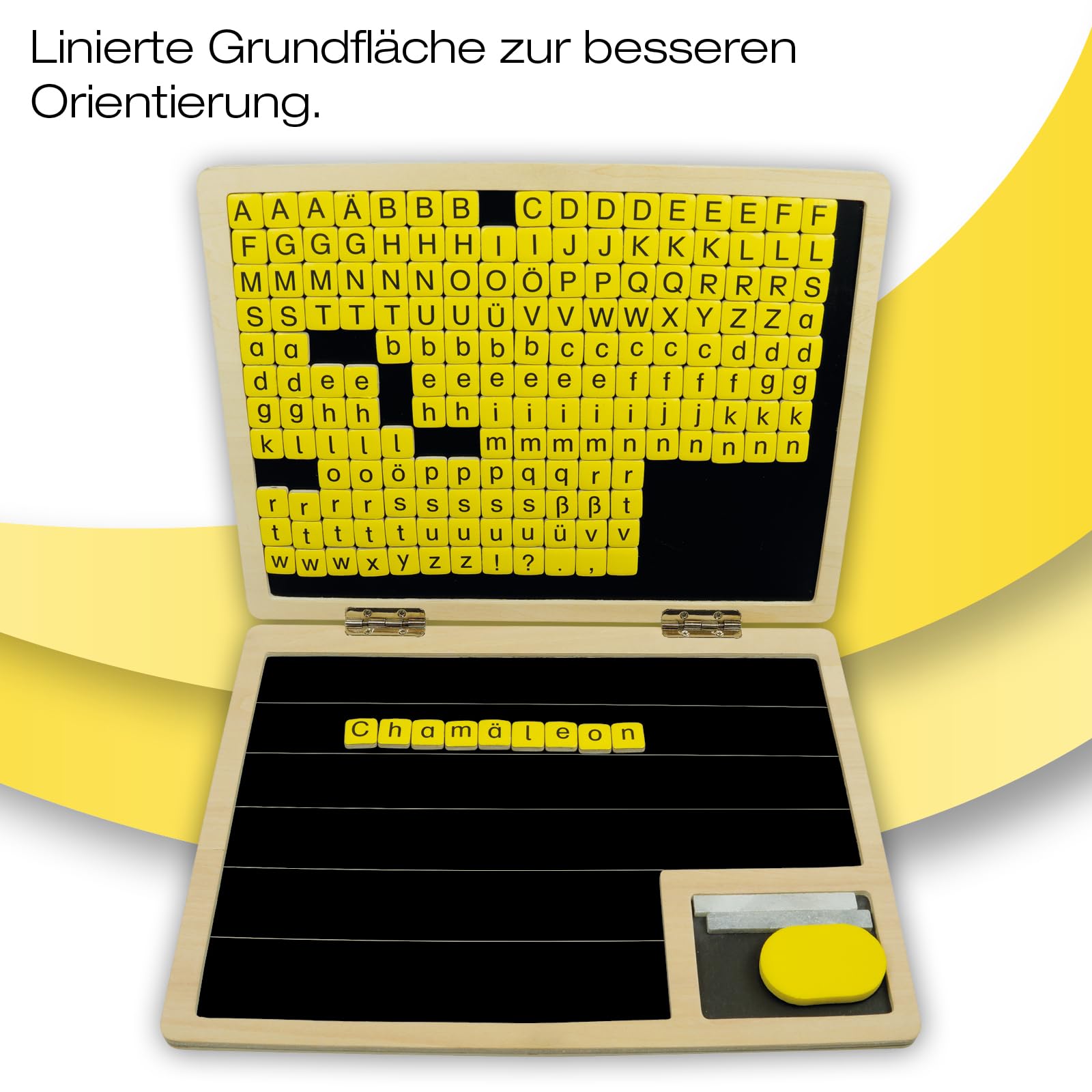 TimeTEX Lese-Klapp-Computer aus Holz, 189-tlg. | ABC Lernspiel, magnetisch mit Tafelfläche & Buchstaben-Steinen | Laptop Spielzeug für Kinder zum Lesen & Schreiben Lernen