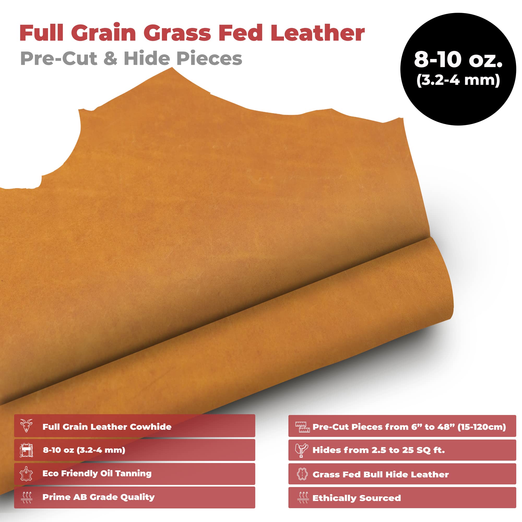 ELW Grass Fed Leather 8-10 oz. (3-4mm) Heavy Duty Pre-Cut 8
