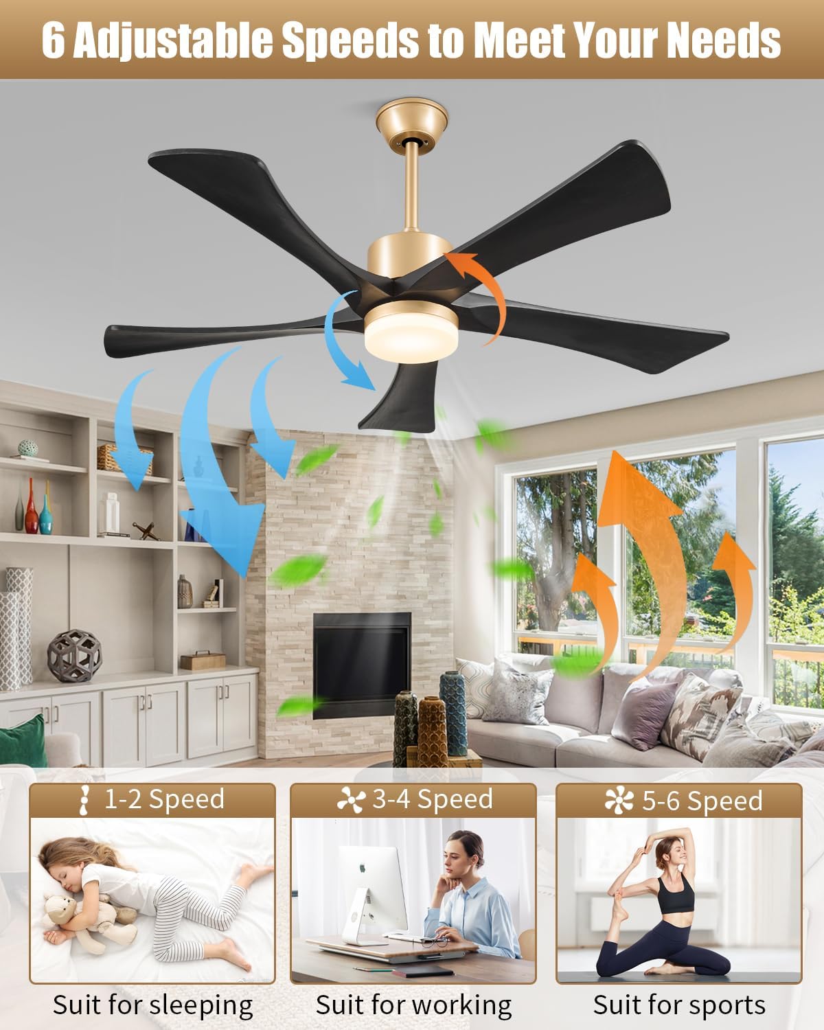 52" Black and Gold Ceiling Fan with Lights and Remote, Outdoor Ceiling Fan for Patios, USA Original Patent, ETL Listed, 3 Downrods, 5 Blade, 6 Speeds Reversible DC Motor, Gold Black Fans for Indoor - Image 4