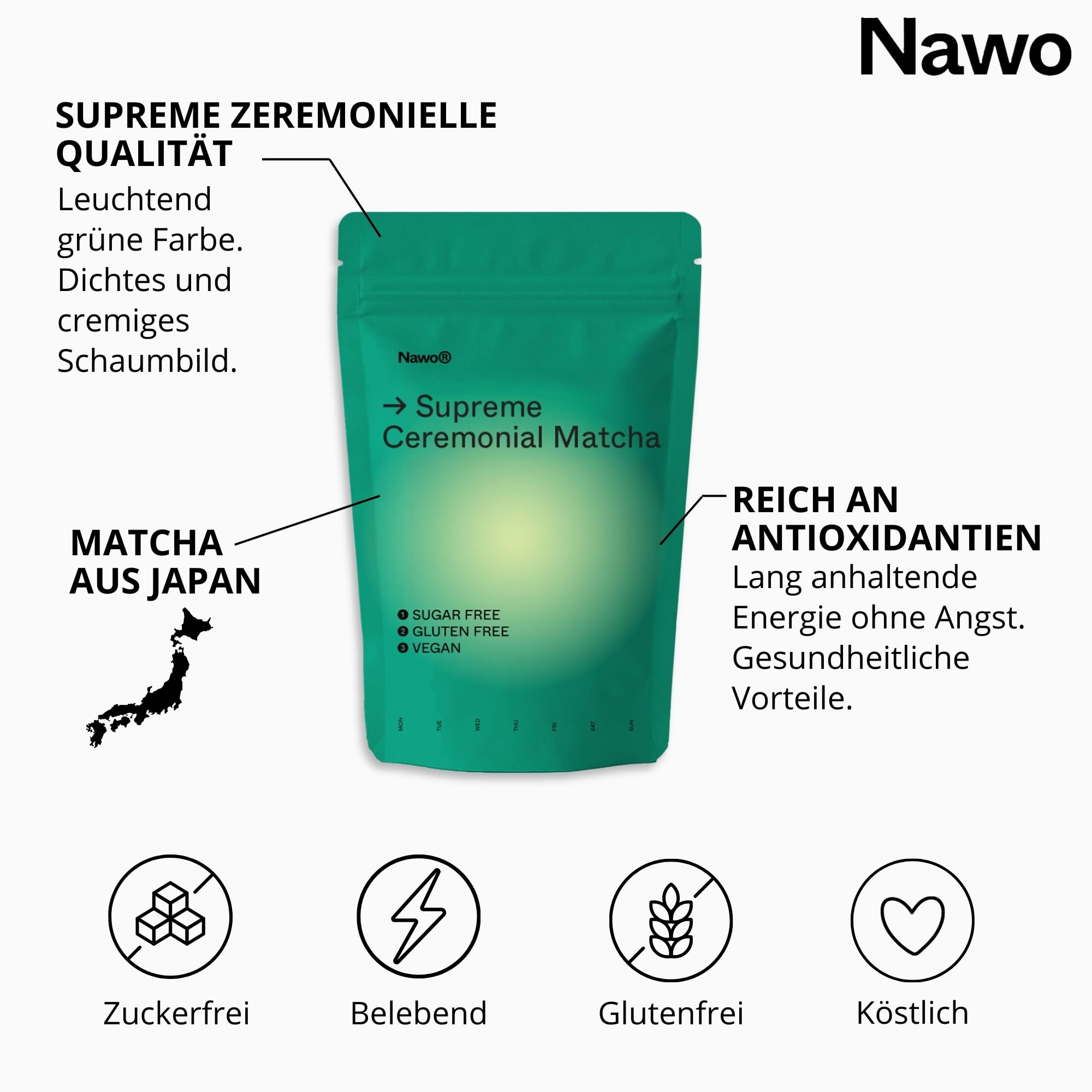 Ceremonial Supreme Matcha 250g – Reines Pulver aus Japan – Original Grüntee – Erste Ernte – Latte – Barista – Laborgeprüft – 100% Natürlich – Zuckerfrei – NAWO® Matcha