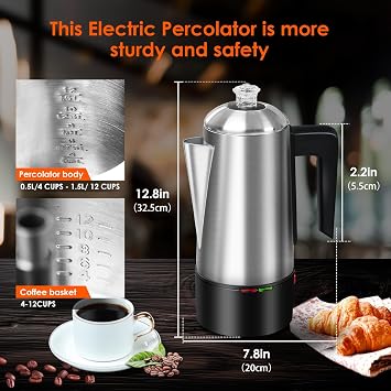Electric Coffee Percolator 12 CUPS Percolator Coffee Pot,800W Percolator Coffee Maker Stainless Steel with Clear Knob Cool-touch Handle,Coffee Pot Percolator Auto Keep Warm Function