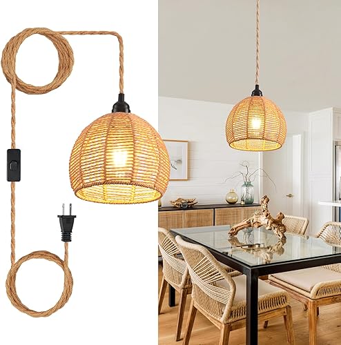 Miniatura 6 de Lámpara colgante enchufable, lámpara colgante industrial con cable de enchufe, cuerda de cáñamo, interruptor de encendidoapagado, lámpara colgante