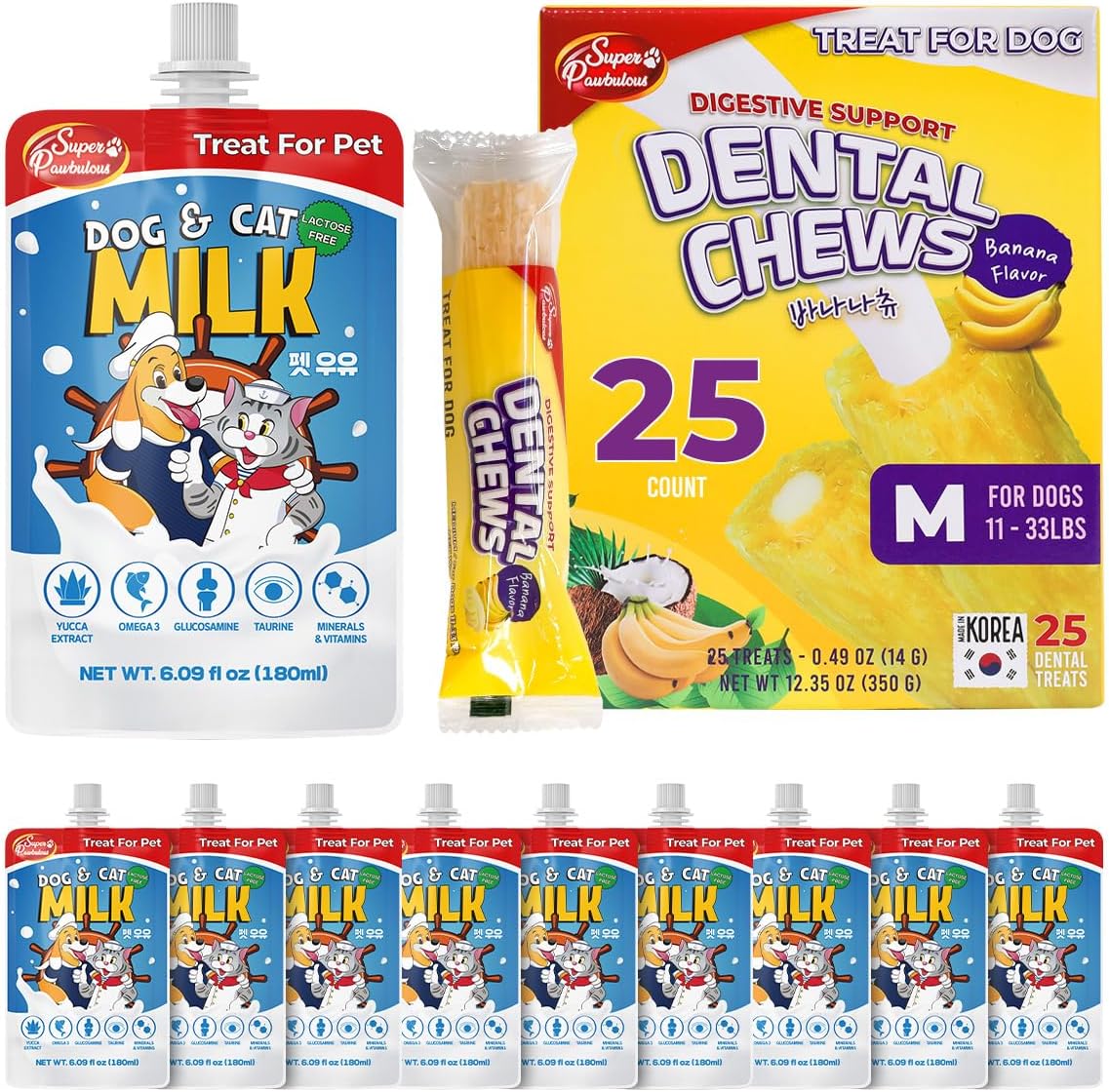 SuperPaw Pet Milk (10-Pack) & Dental Chews Bundle – Lactose-Free Milk with Probiotics for Dogs & Cats + Medium Sized Banana Flavor Dental Treats, Teeth & Gum Health
