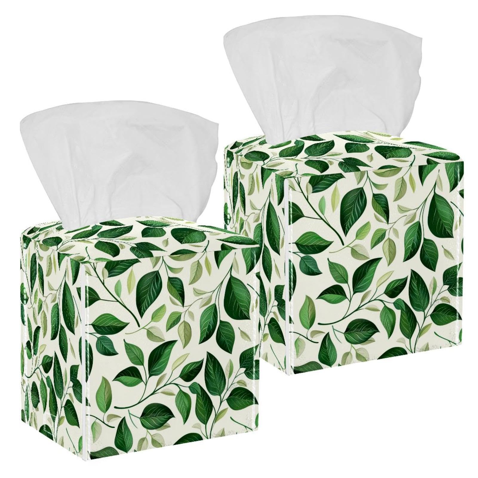 Leaves Tissue Box Cover, 2 Pack PU Leather Square Facial Tissue Dispenser Box holder for Home Office Car